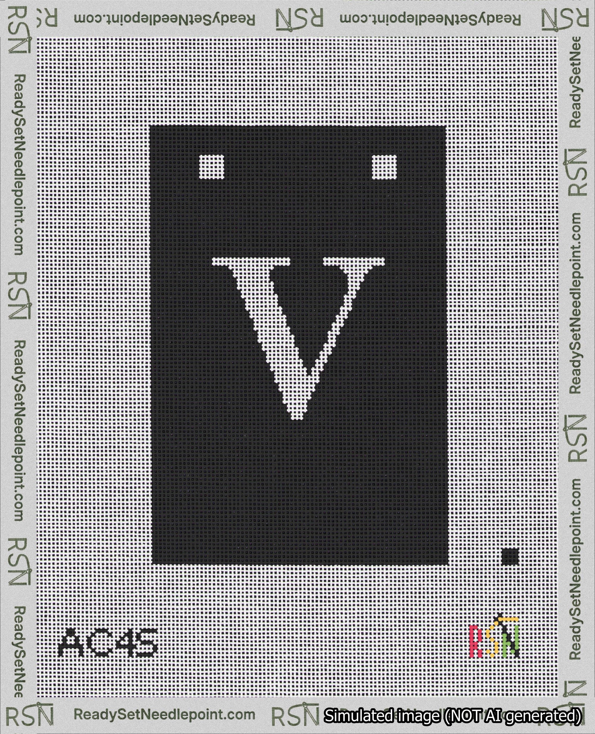 A taped needlepoint canvas with the design: Banner 18 mesh count Squared V White on Black.