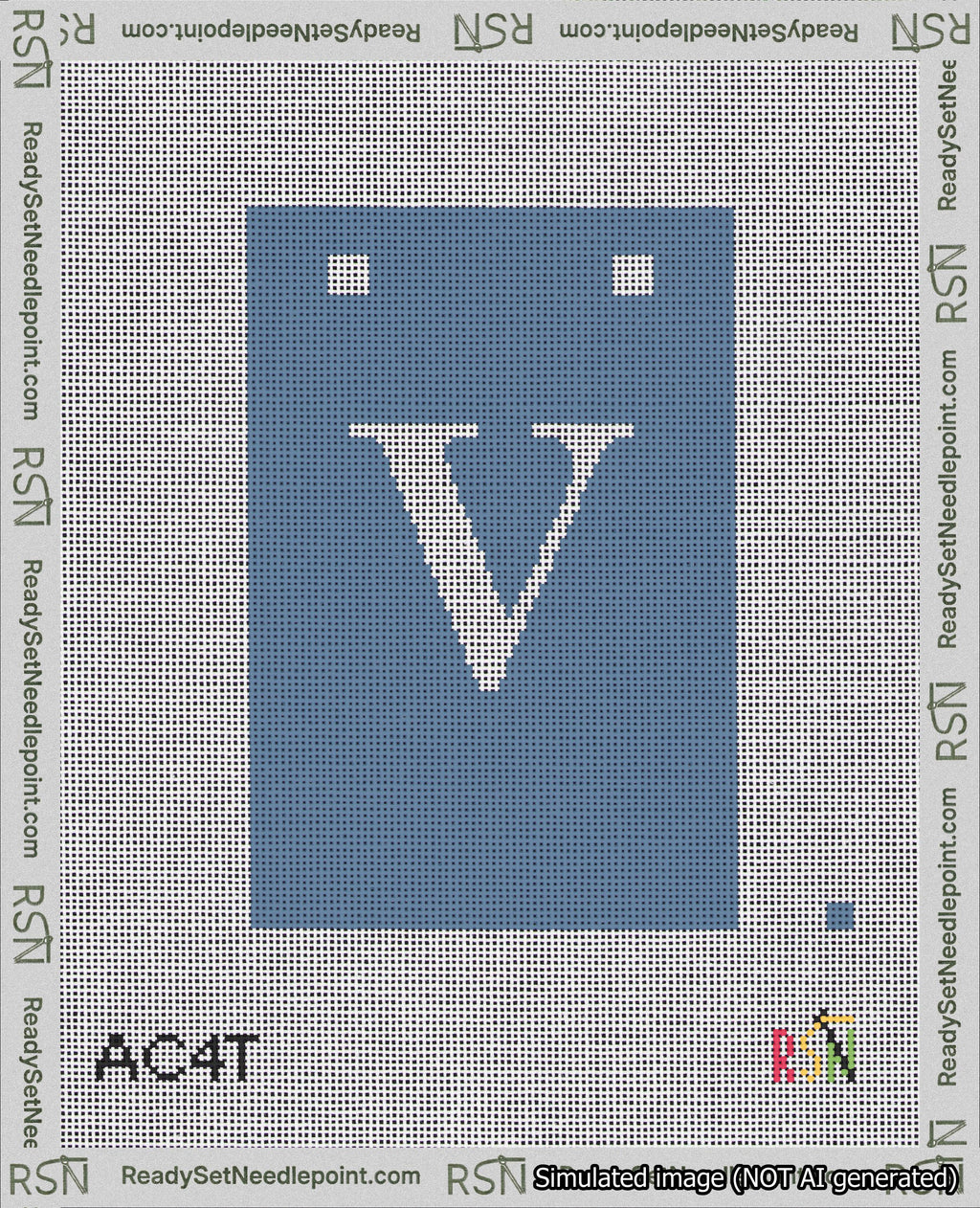 A taped needlepoint canvas with the design: Banner 18 mesh count Squared V White on Blue.