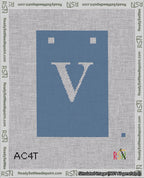 A taped needlepoint canvas with the design: Banner 18 mesh count Squared V White on Blue.