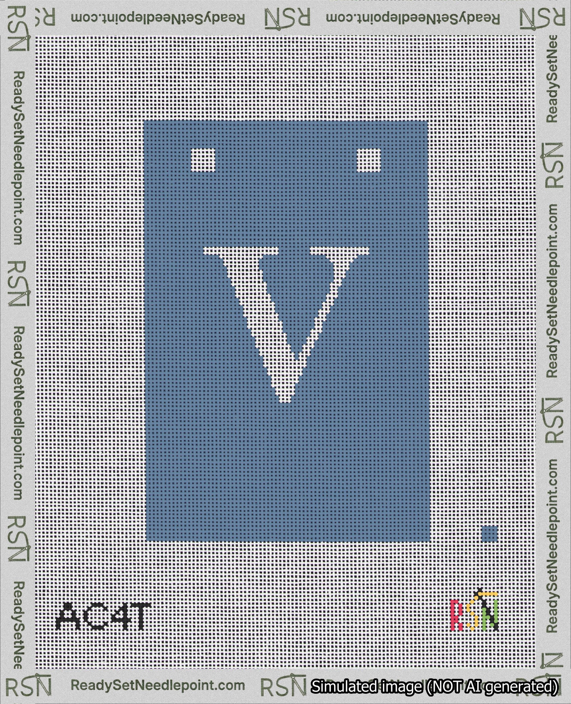 A taped needlepoint canvas with the design: Banner 18 mesh count Squared V White on Blue.