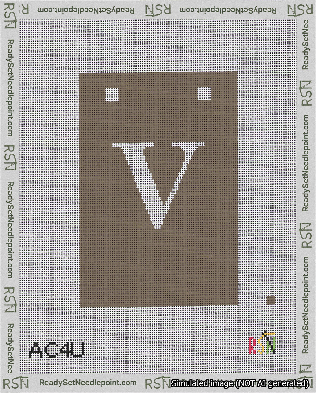 A taped needlepoint canvas with the design: Banner 18 mesh count Squared V White on Brown.