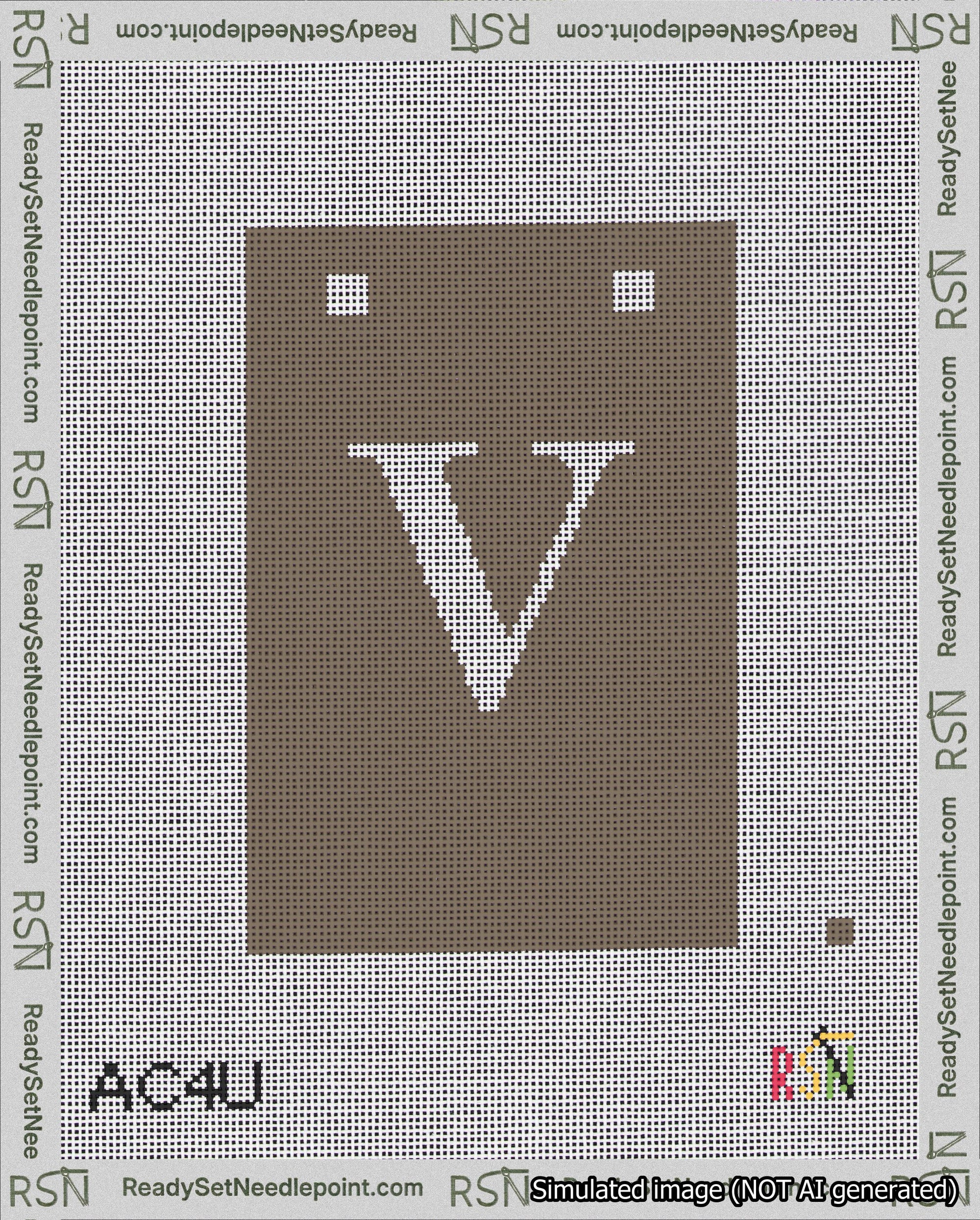 A taped needlepoint canvas with the design: Banner 18 mesh count Squared V White on Brown.