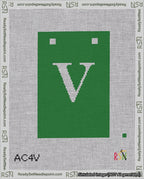 A taped needlepoint canvas with the design: Banner 18 mesh count Squared V White on Green.