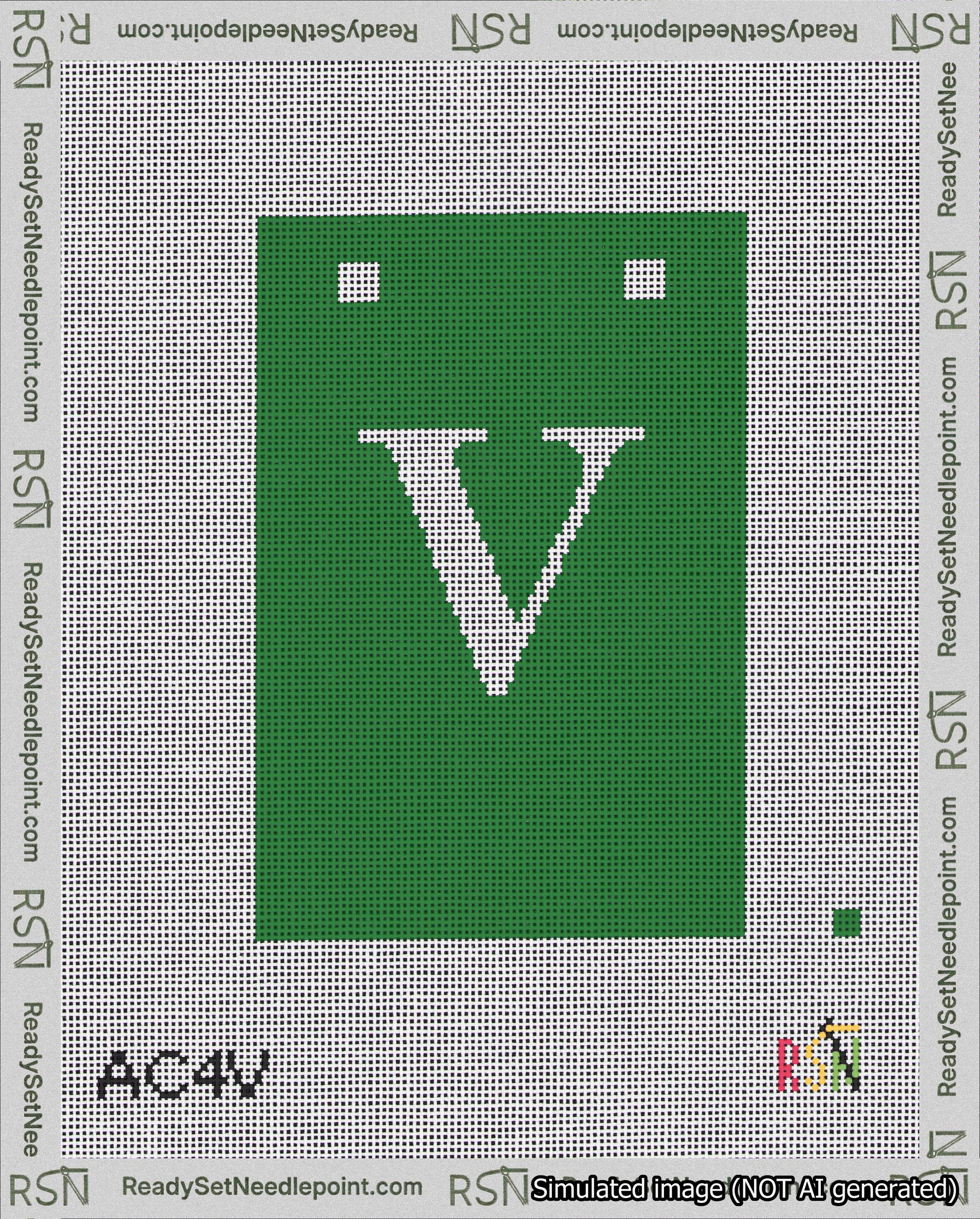 A taped needlepoint canvas with the design: Banner 18 mesh count Squared V White on Green.