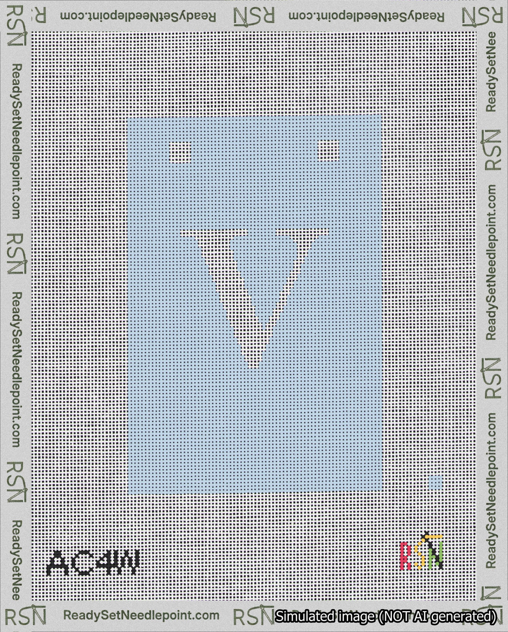 A taped needlepoint canvas with the design: Banner 18 mesh count Squared V White on Light Blue.