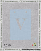 A taped needlepoint canvas with the design: Banner 18 mesh count Squared V White on Light Blue.