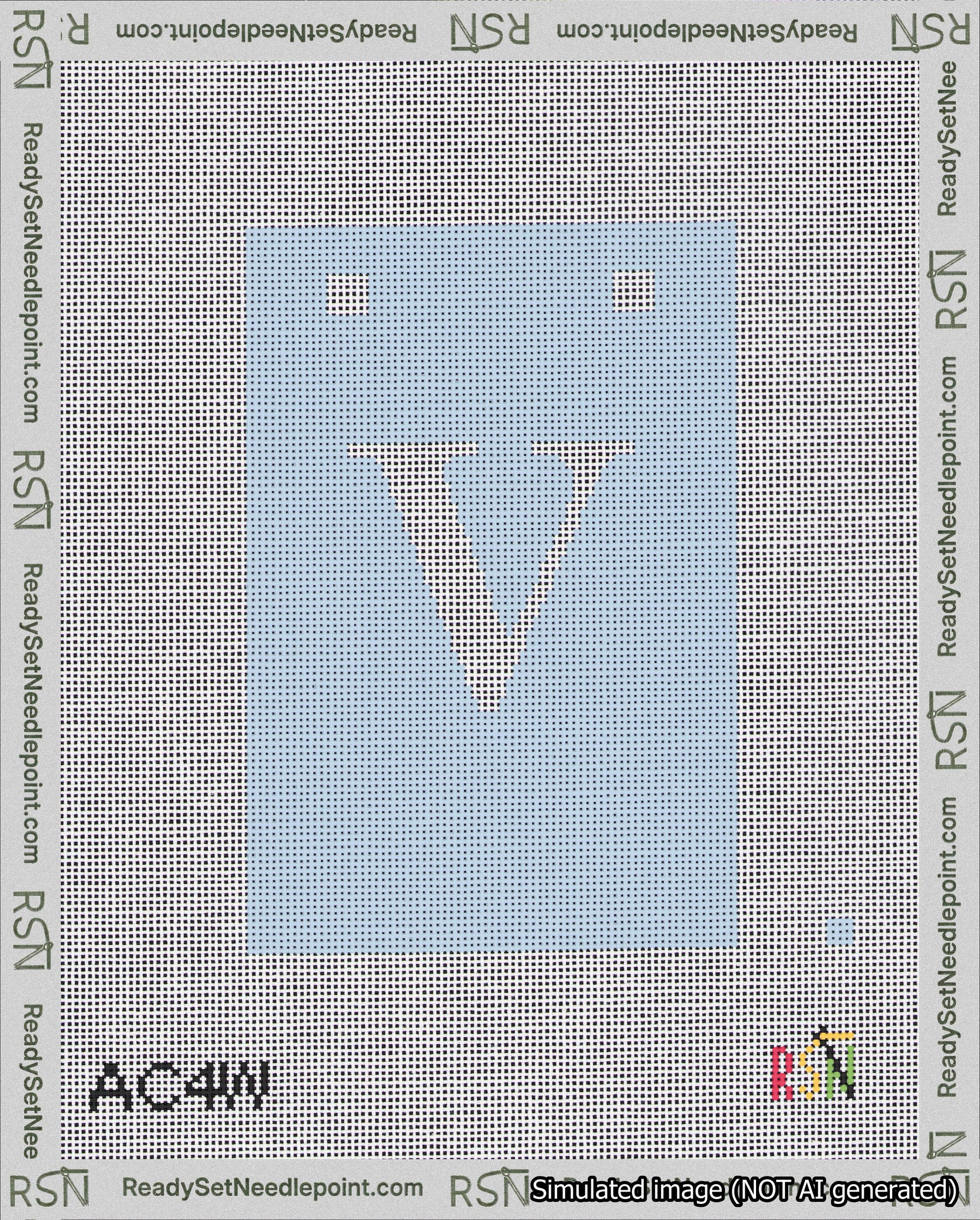 A taped needlepoint canvas with the design: Banner 18 mesh count Squared V White on Light Blue.