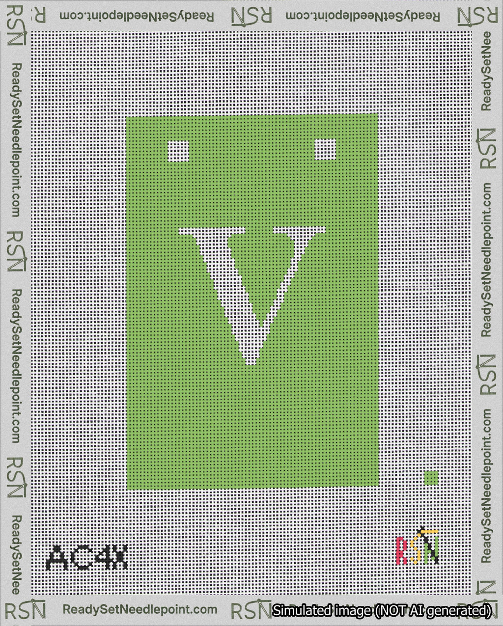 A taped needlepoint canvas with the design: Banner 18 mesh count Squared V White on Light Green.