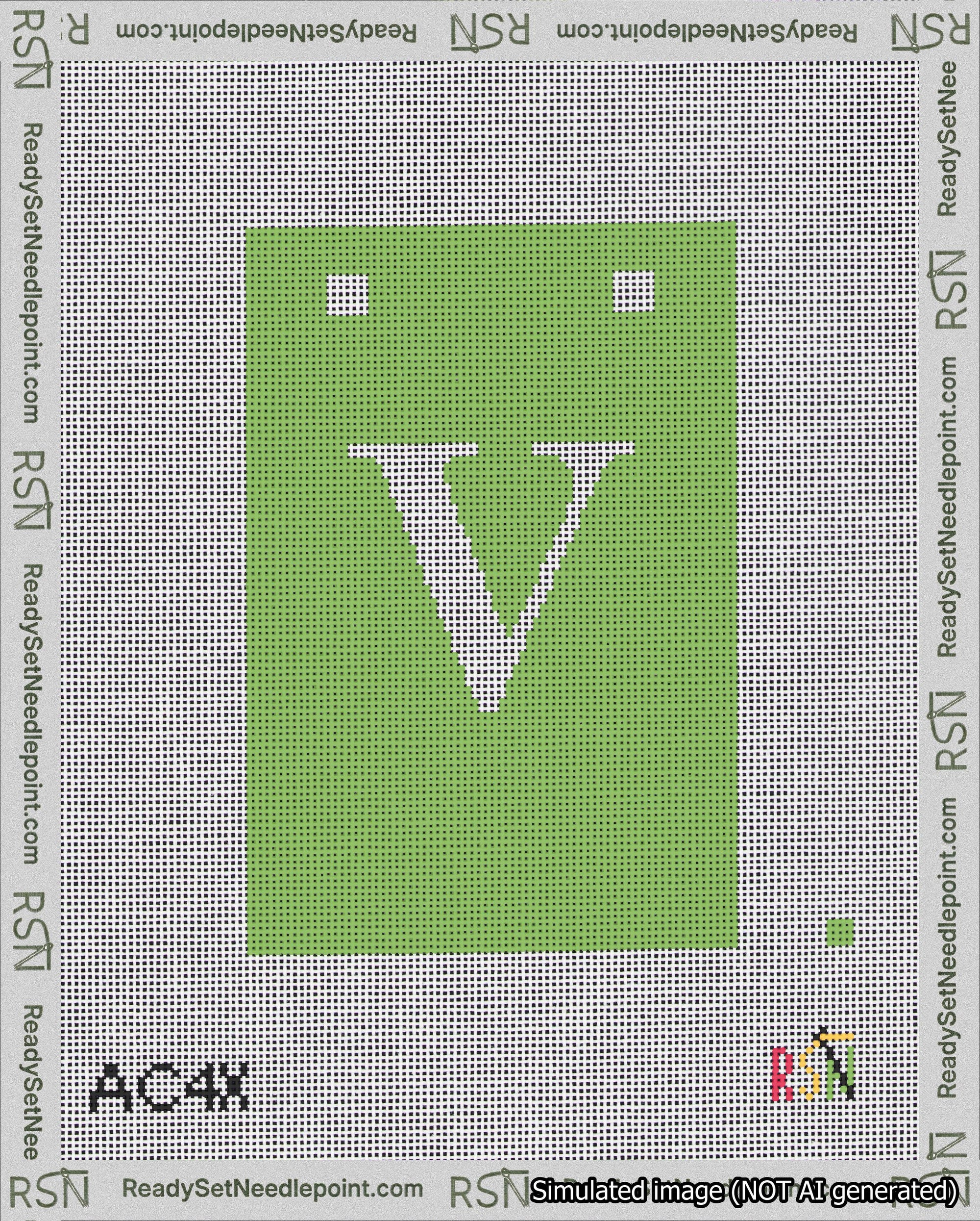A taped needlepoint canvas with the design: Banner 18 mesh count Squared V White on Light Green.