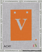 A taped needlepoint canvas with the design: Banner 18 mesh count Squared V White on Orange.