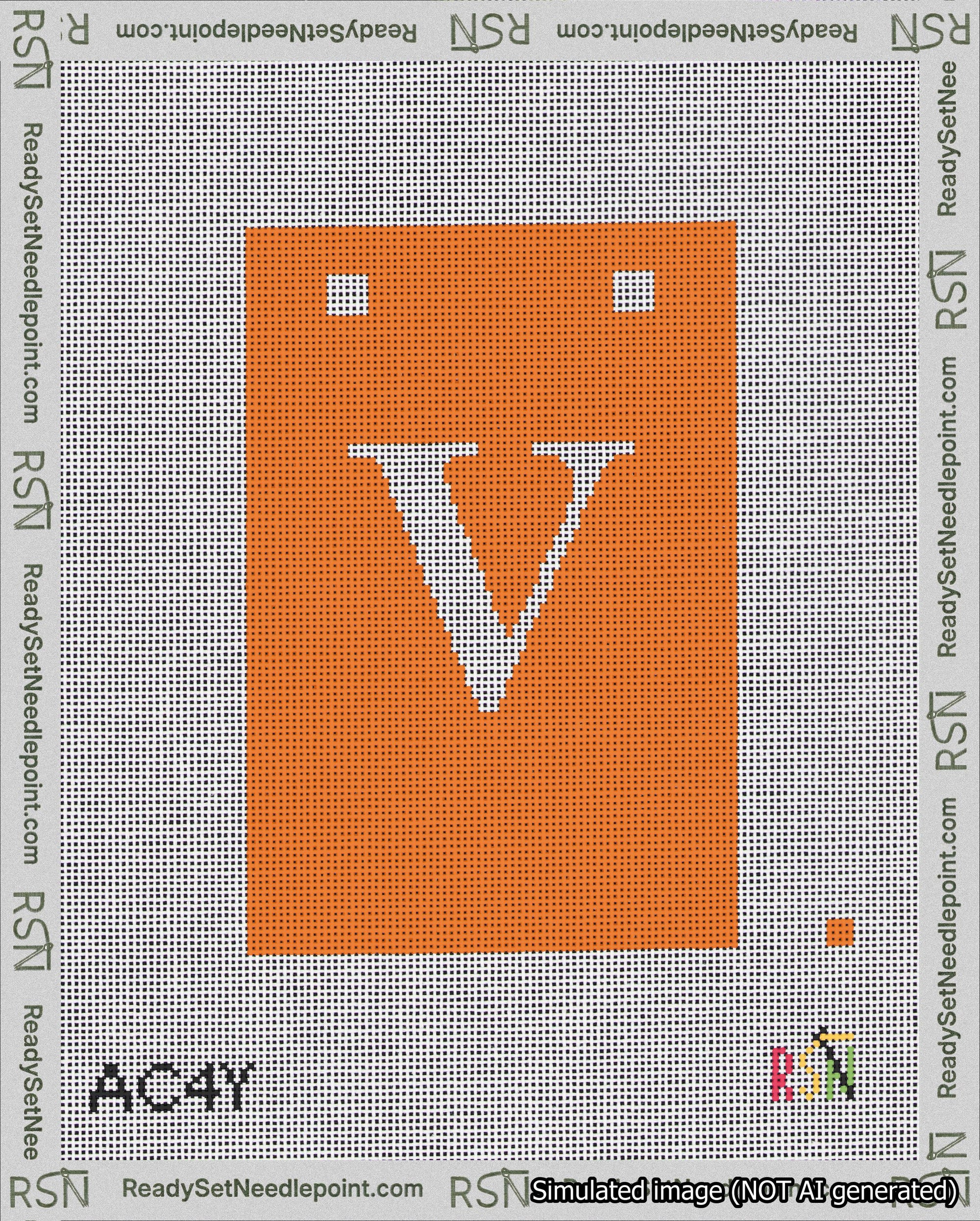 A taped needlepoint canvas with the design: Banner 18 mesh count Squared V White on Orange.