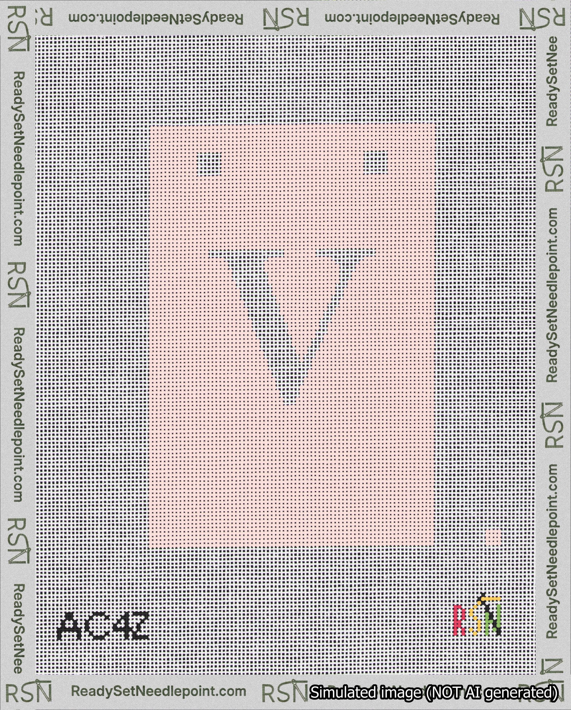 A taped needlepoint canvas with the design: Banner 18 mesh count Squared V White on Pink.