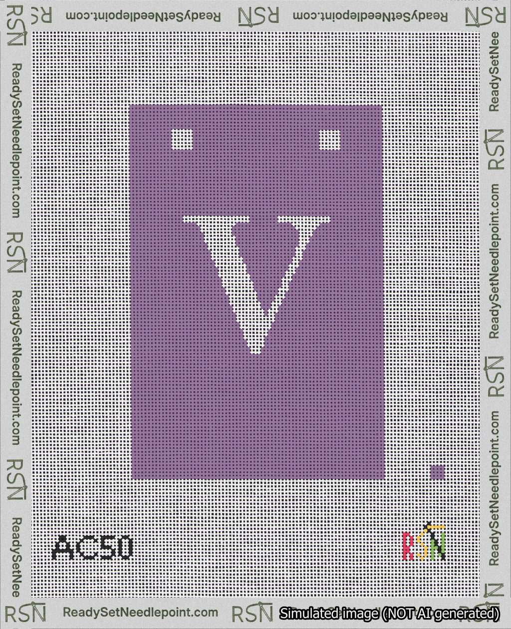 A taped needlepoint canvas with the design: Banner 18 mesh count Squared V White on Purple.