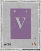 A taped needlepoint canvas with the design: Banner 18 mesh count Squared V White on Purple.