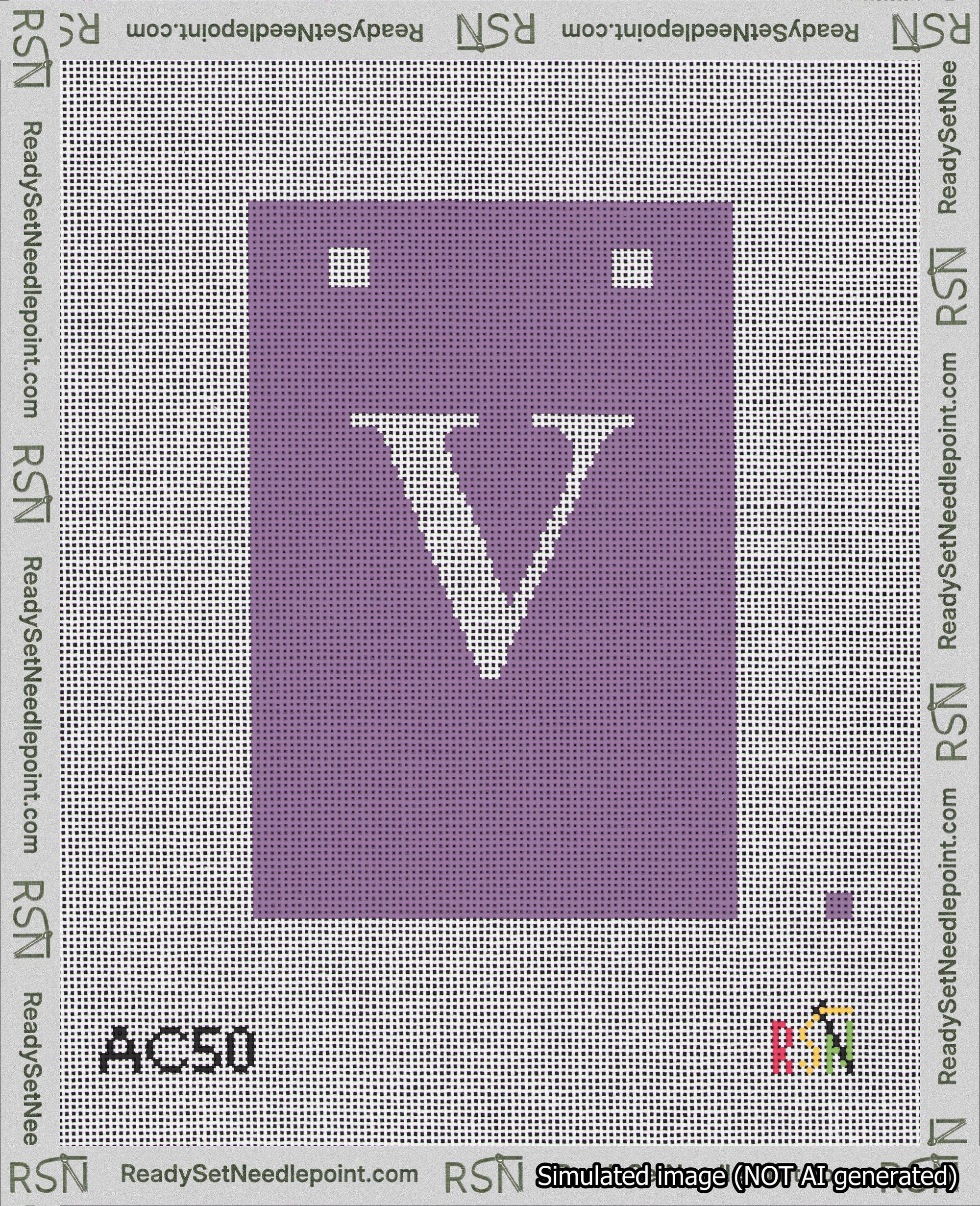 A taped needlepoint canvas with the design: Banner 18 mesh count Squared V White on Purple.