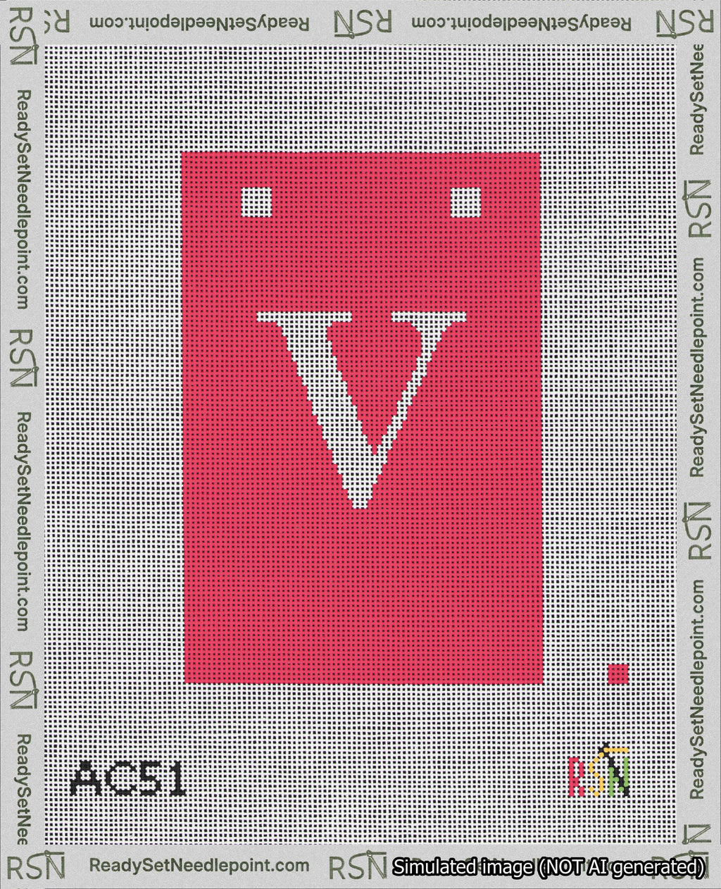 A taped needlepoint canvas with the design: Banner 18 mesh count Squared V White on Red.