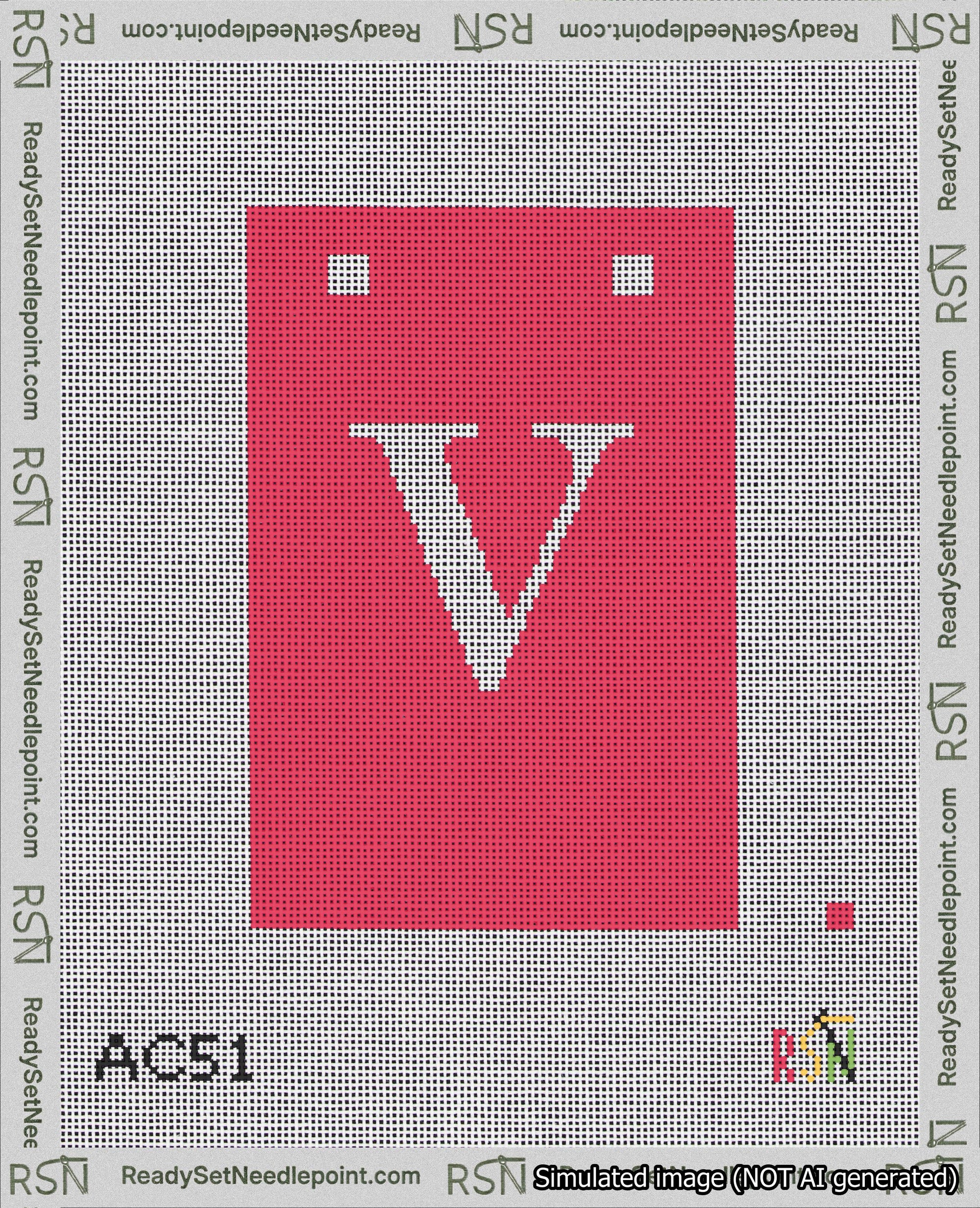 A taped needlepoint canvas with the design: Banner 18 mesh count Squared V White on Red.
