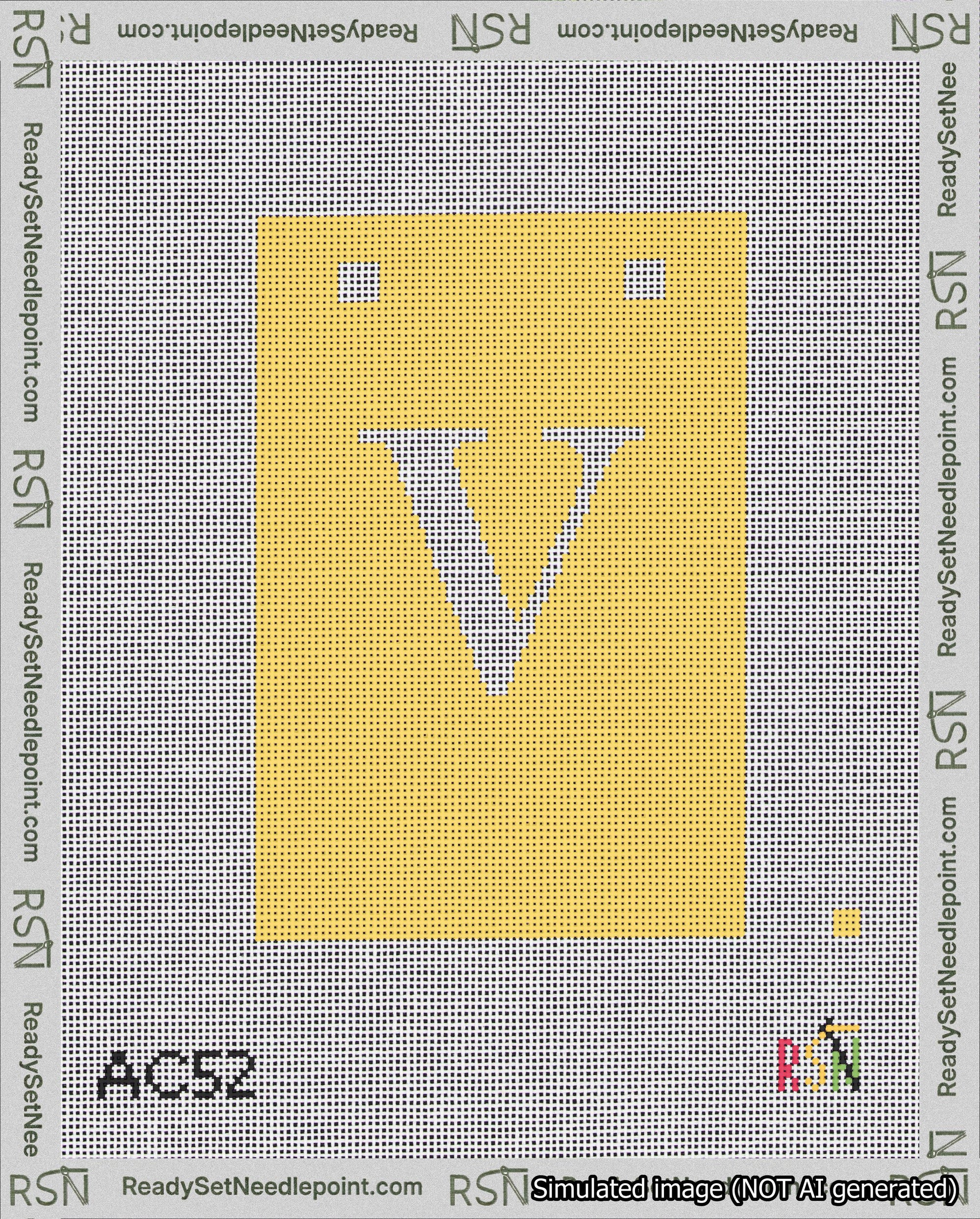 A taped needlepoint canvas with the design: Banner 18 mesh count Squared V White on Yellow.