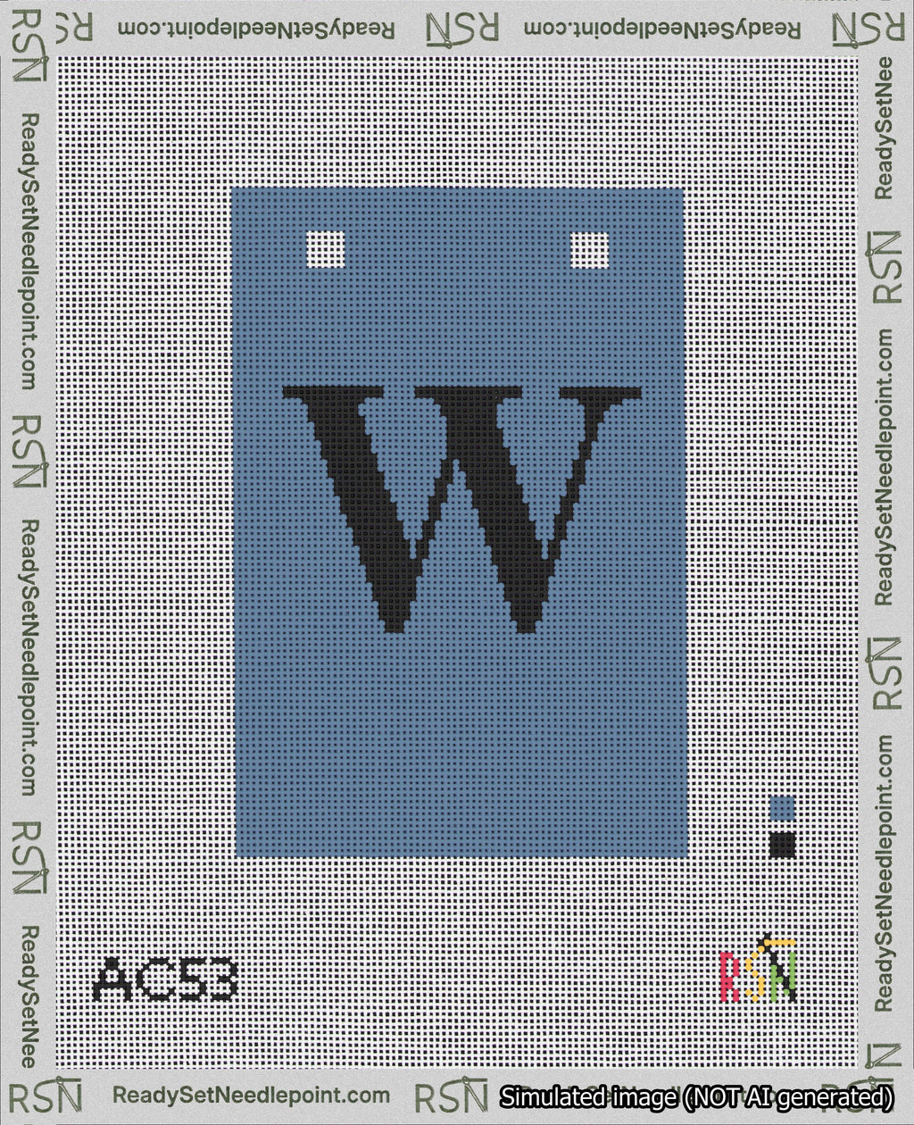 A taped needlepoint canvas with the design: Banner 18 mesh count Squared W Black on Blue.
