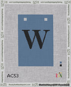 A taped needlepoint canvas with the design: Banner 18 mesh count Squared W Black on Blue.