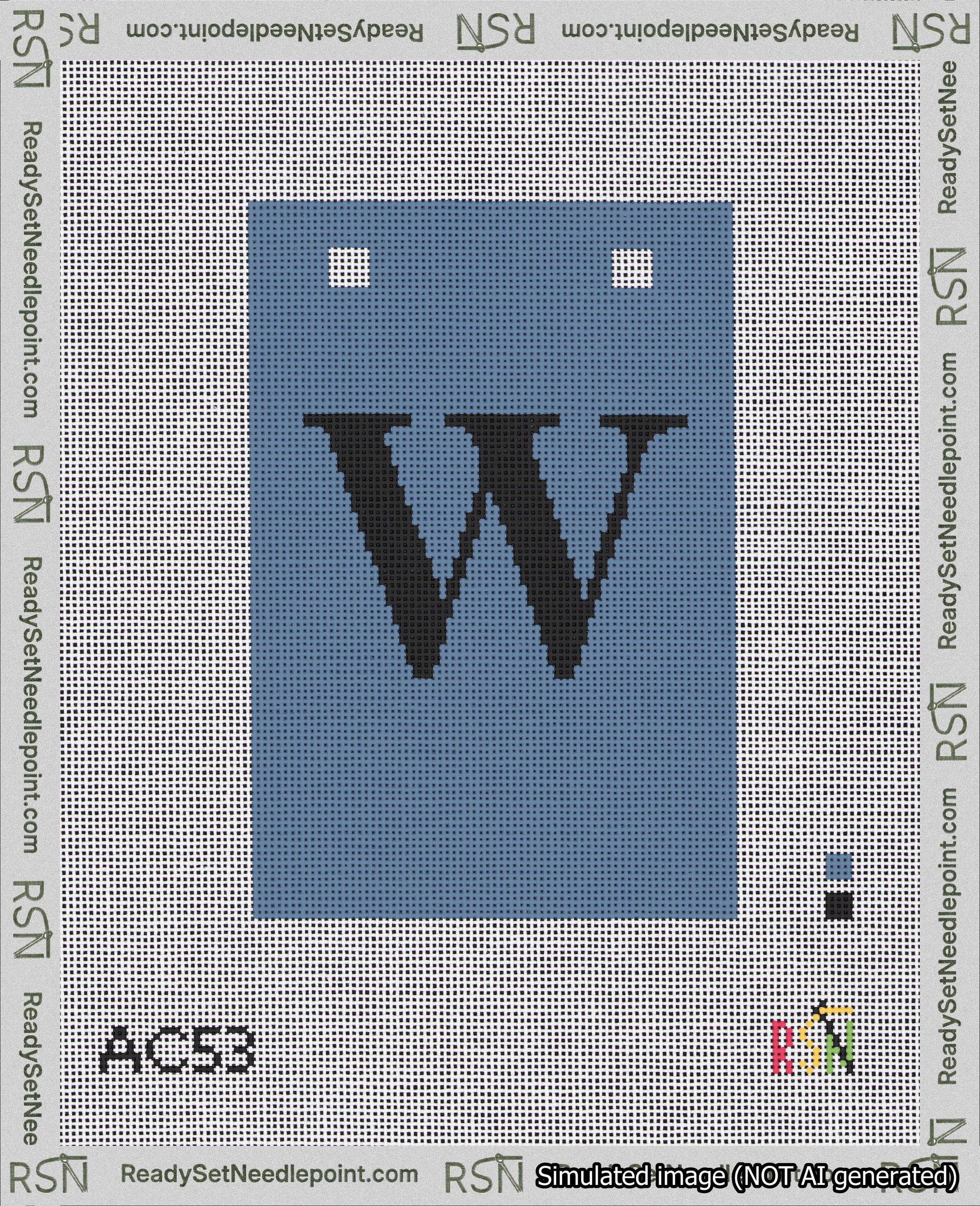 A taped needlepoint canvas with the design: Banner 18 mesh count Squared W Black on Blue.