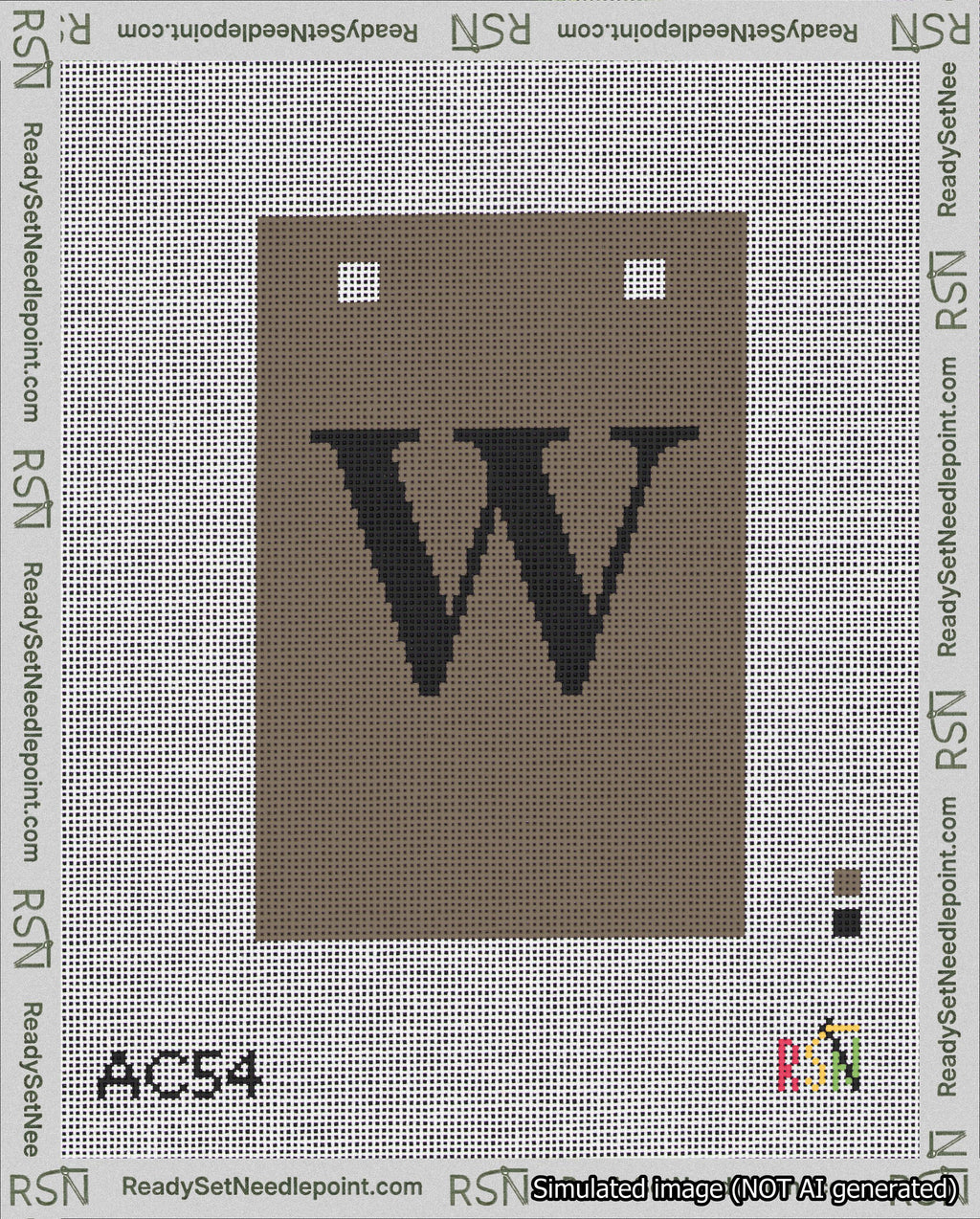 A taped needlepoint canvas with the design: Banner 18 mesh count Squared W Black on Brown.