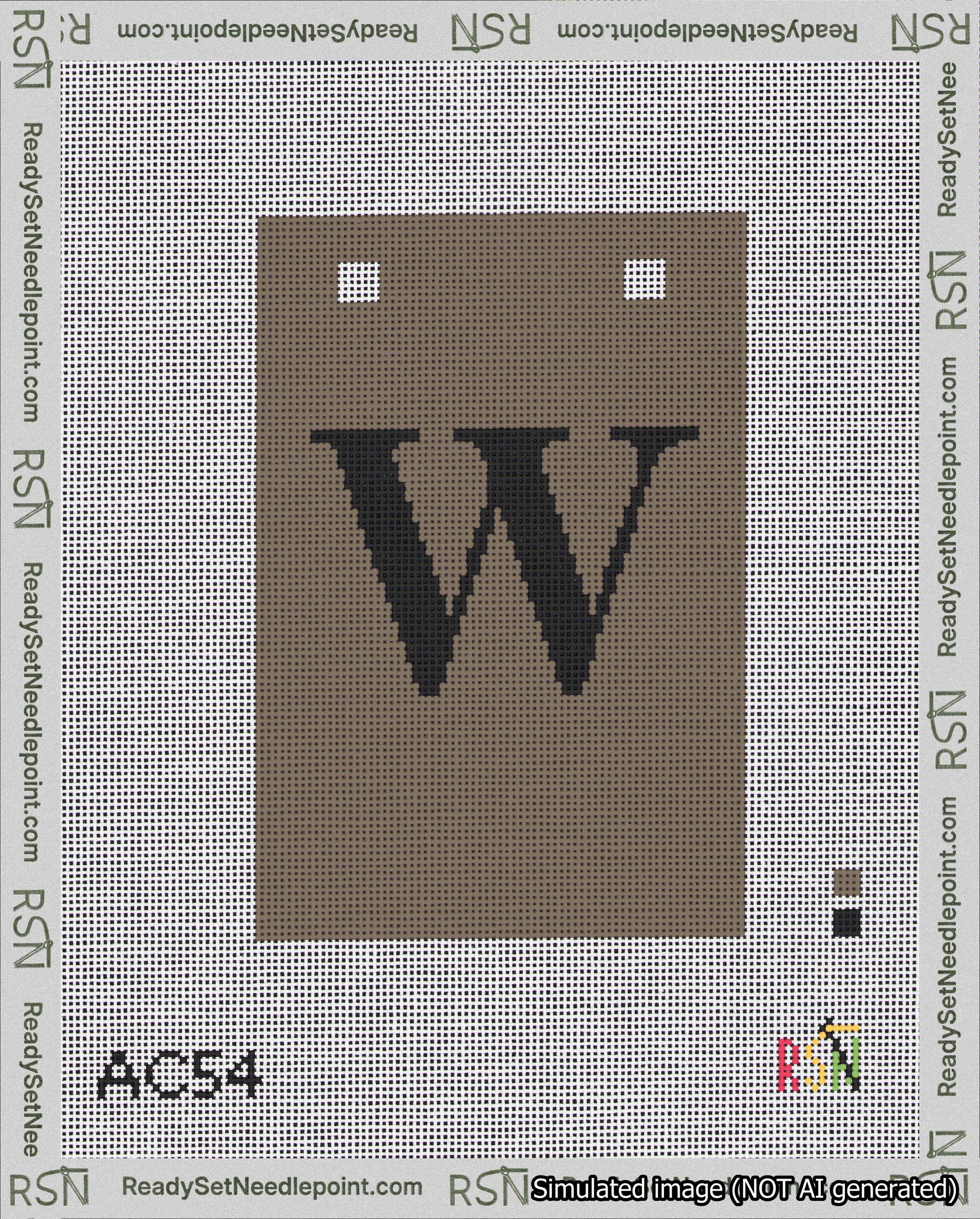A taped needlepoint canvas with the design: Banner 18 mesh count Squared W Black on Brown.