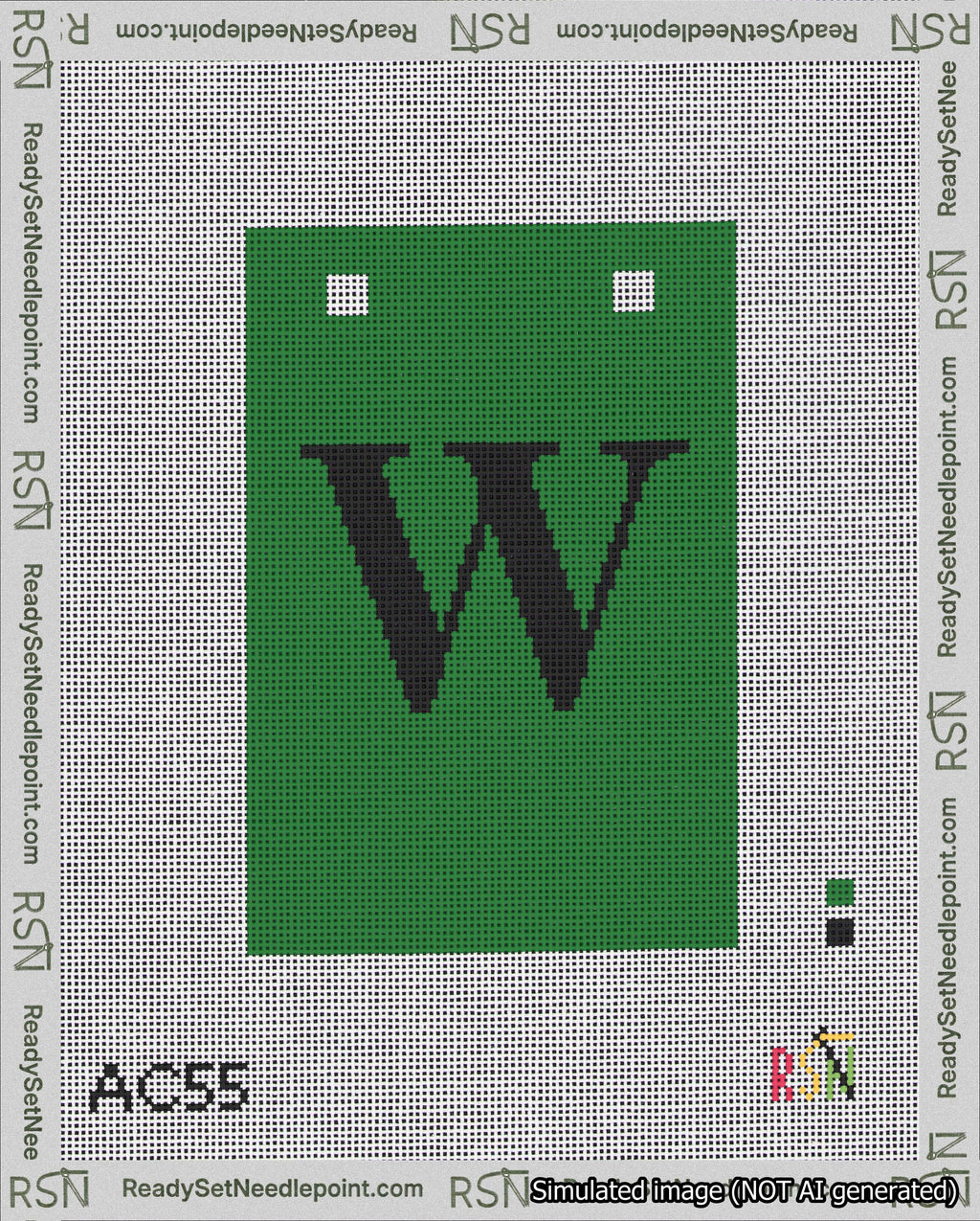 A taped needlepoint canvas with the design: Banner 18 mesh count Squared W Black on Green.
