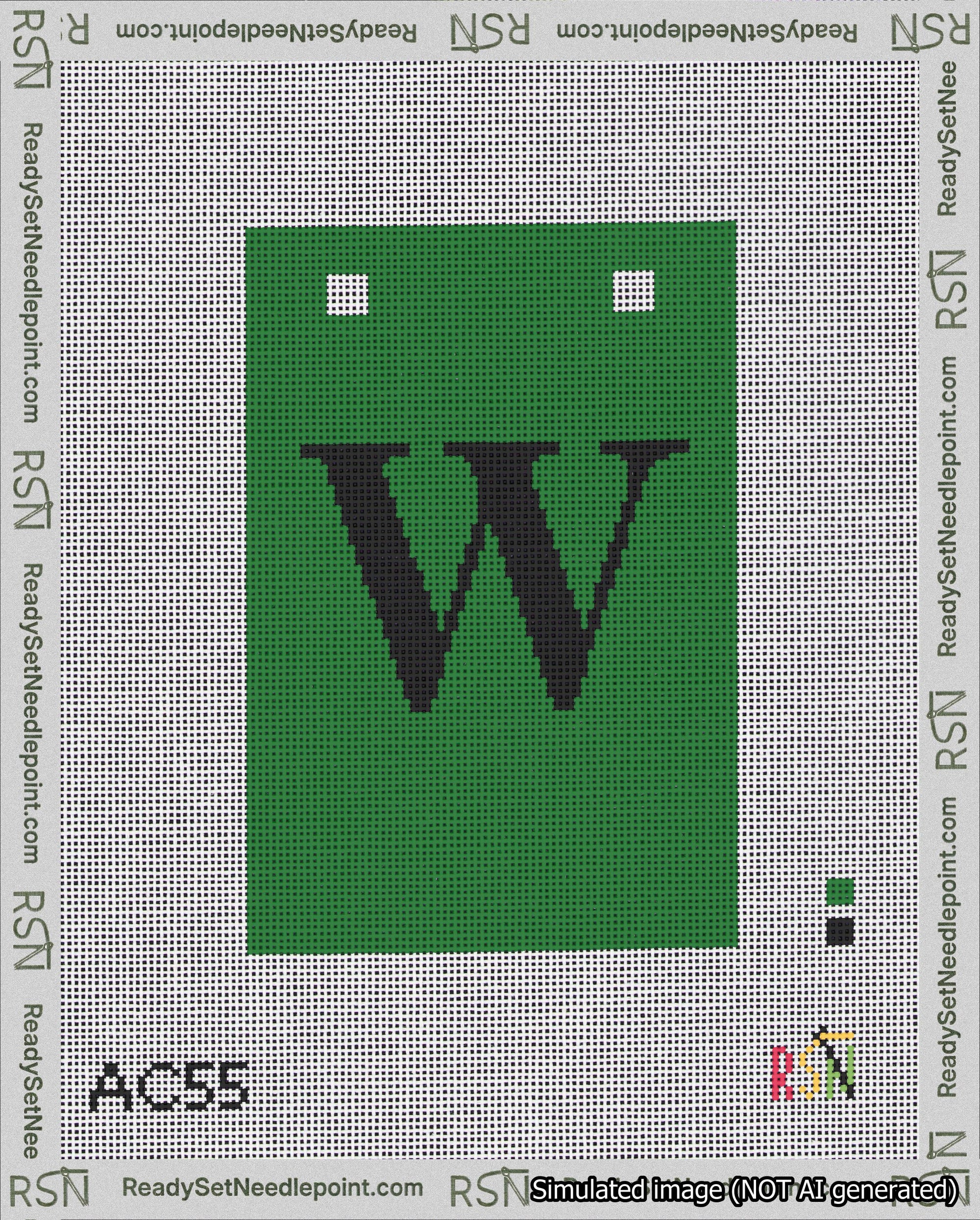 A taped needlepoint canvas with the design: Banner 18 mesh count Squared W Black on Green.
