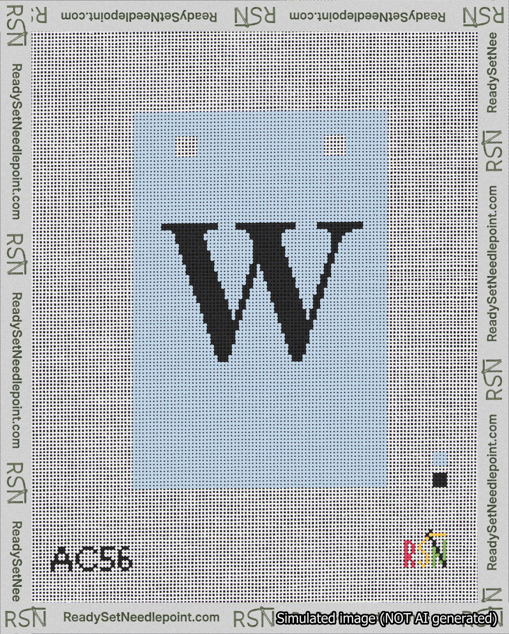 A taped needlepoint canvas with the design: Banner 18 mesh count Squared W Black on Light Blue.