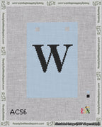 A taped needlepoint canvas with the design: Banner 18 mesh count Squared W Black on Light Blue.