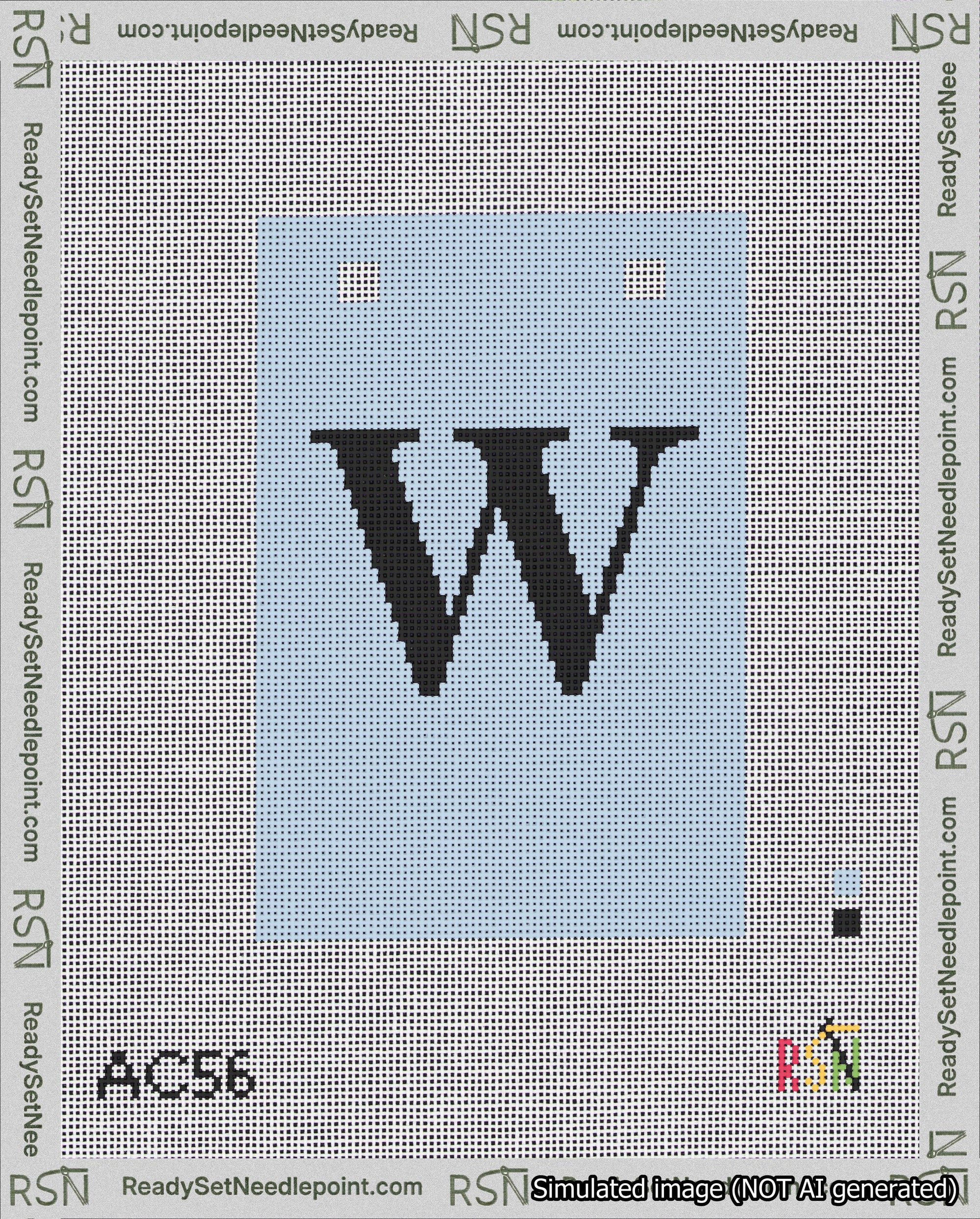 A taped needlepoint canvas with the design: Banner 18 mesh count Squared W Black on Light Blue.