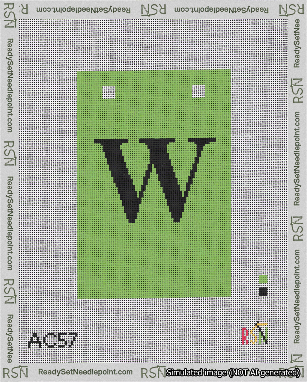 A taped needlepoint canvas with the design: Banner 18 mesh count Squared W Black on Light Green.
