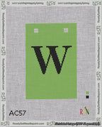 A taped needlepoint canvas with the design: Banner 18 mesh count Squared W Black on Light Green.