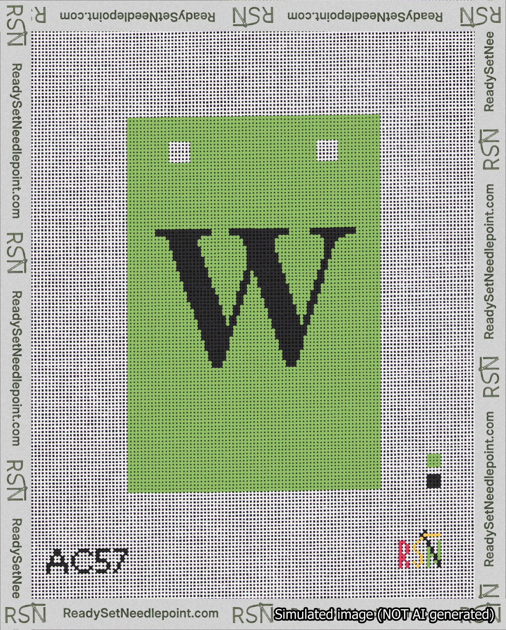 A taped needlepoint canvas with the design: Banner 18 mesh count Squared W Black on Light Green.