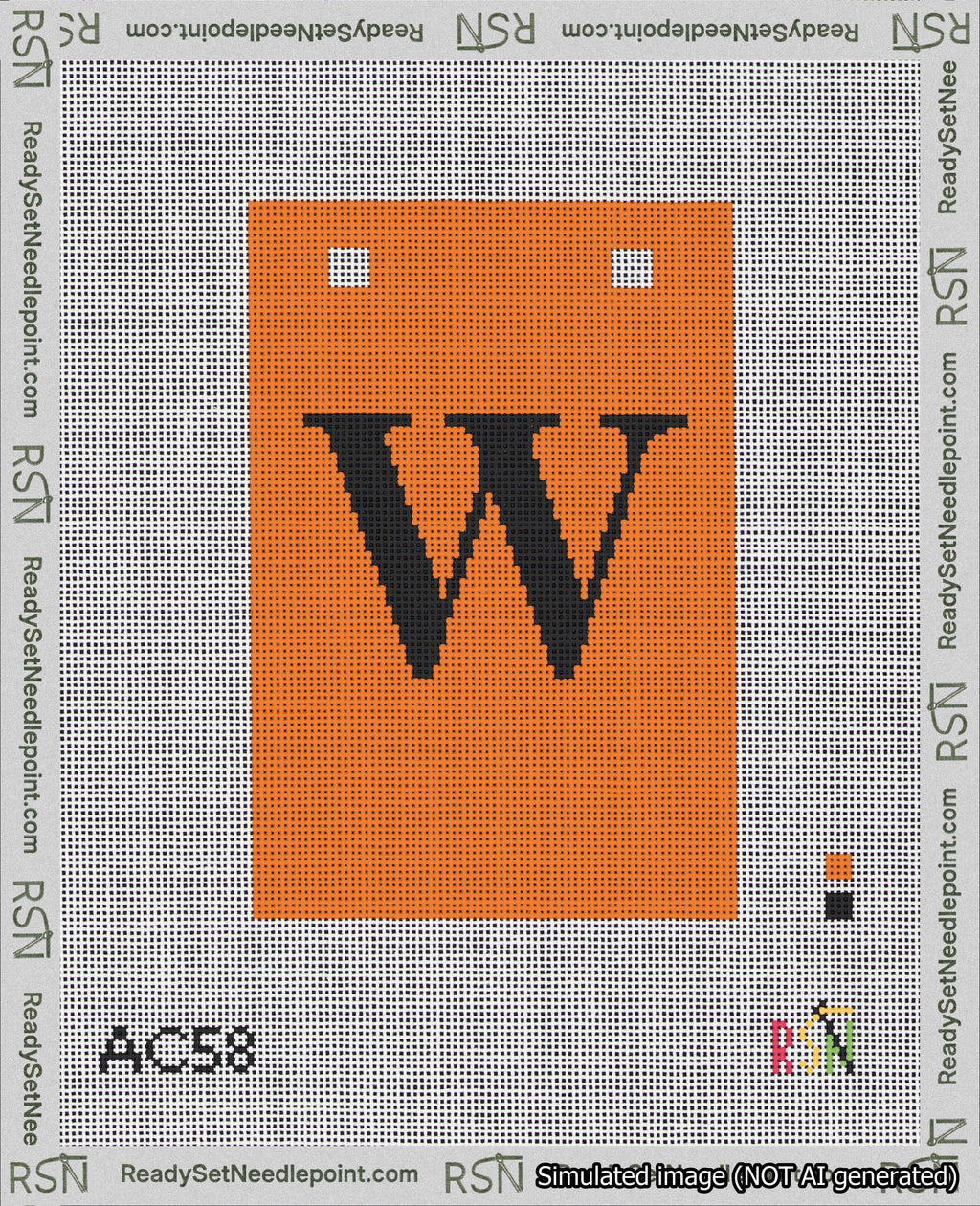A taped needlepoint canvas with the design: Banner 18 mesh count Squared W Black on Orange.