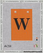 A taped needlepoint canvas with the design: Banner 18 mesh count Squared W Black on Orange.