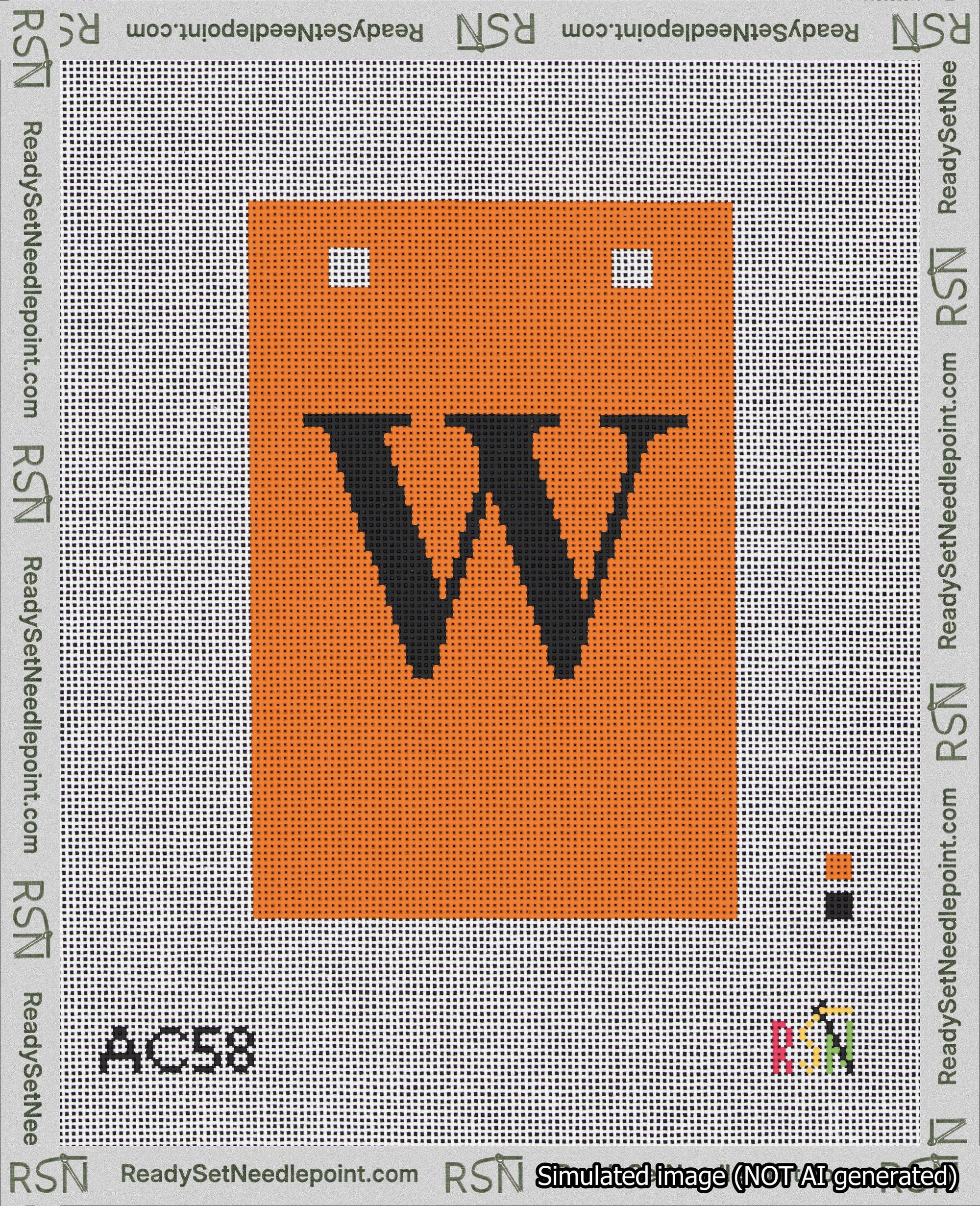 A taped needlepoint canvas with the design: Banner 18 mesh count Squared W Black on Orange.