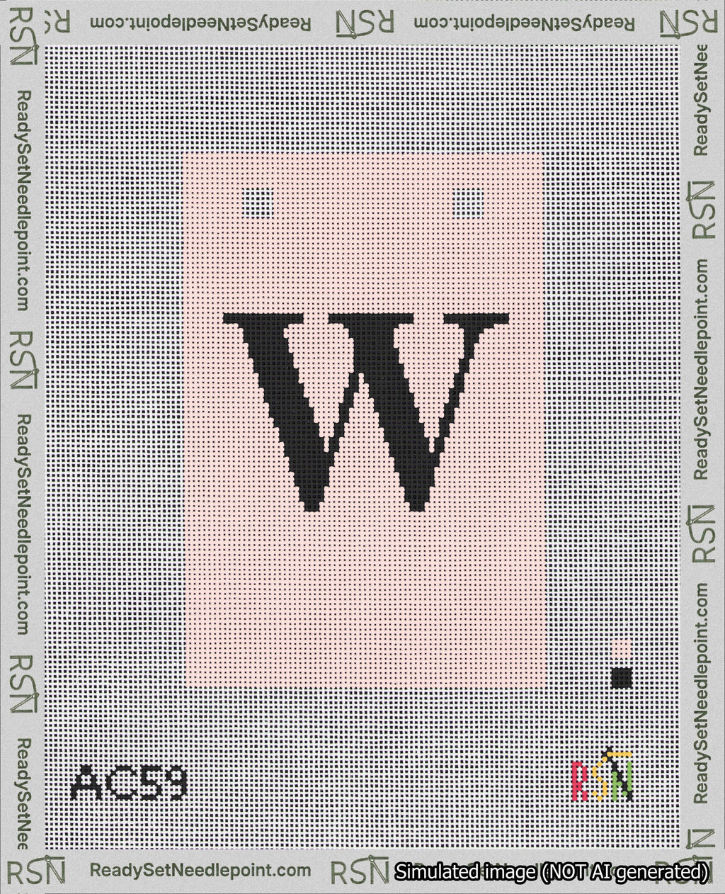 A taped needlepoint canvas with the design: Banner 18 mesh count Squared W Black on Pink.