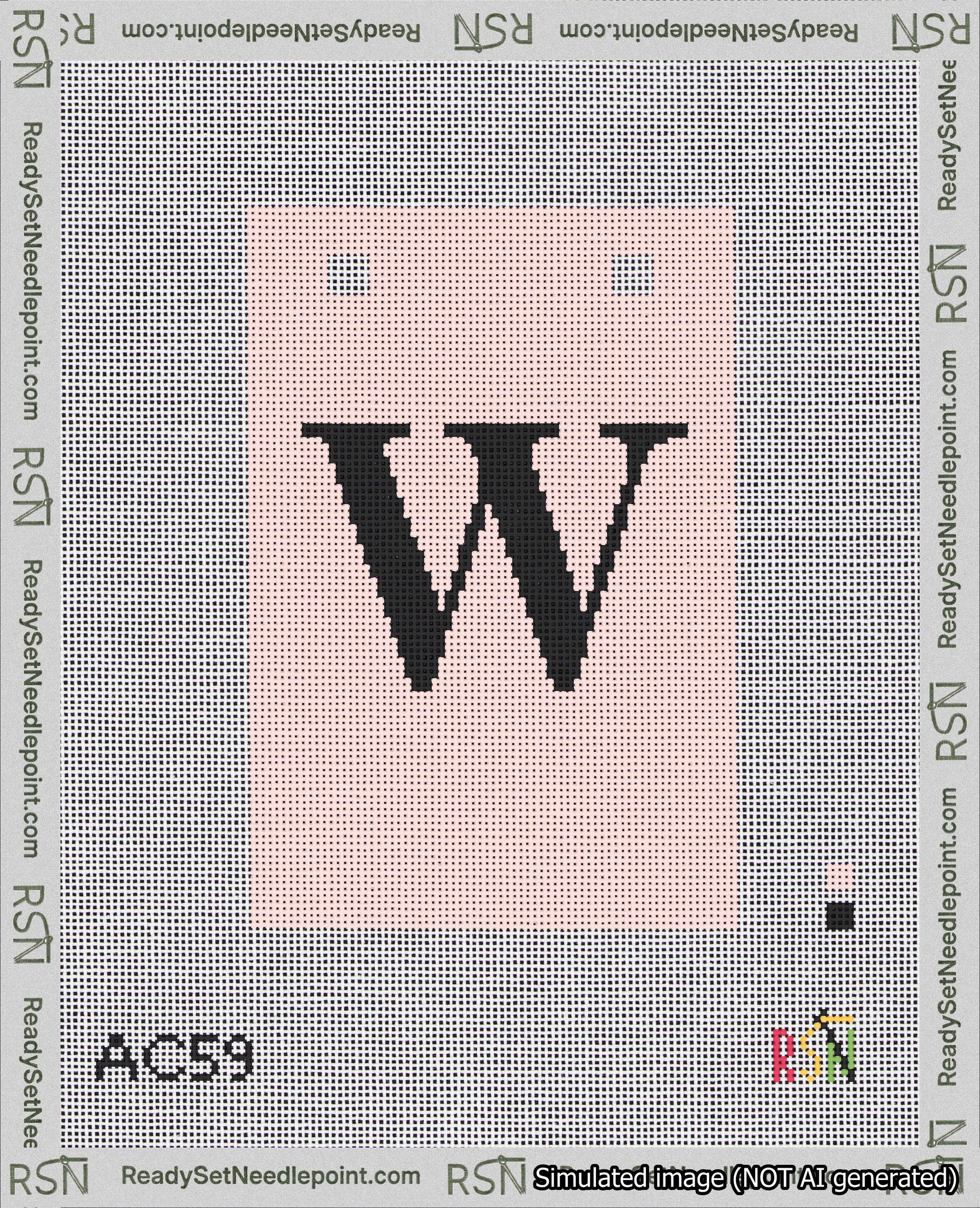 A taped needlepoint canvas with the design: Banner 18 mesh count Squared W Black on Pink.