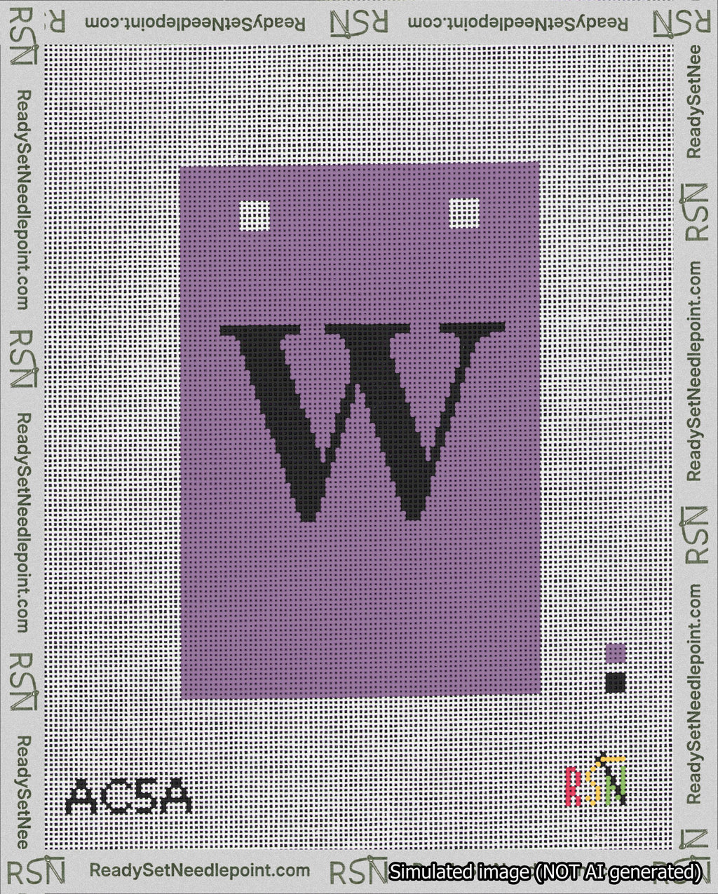 A taped needlepoint canvas with the design: Banner 18 mesh count Squared W Black on Purple.
