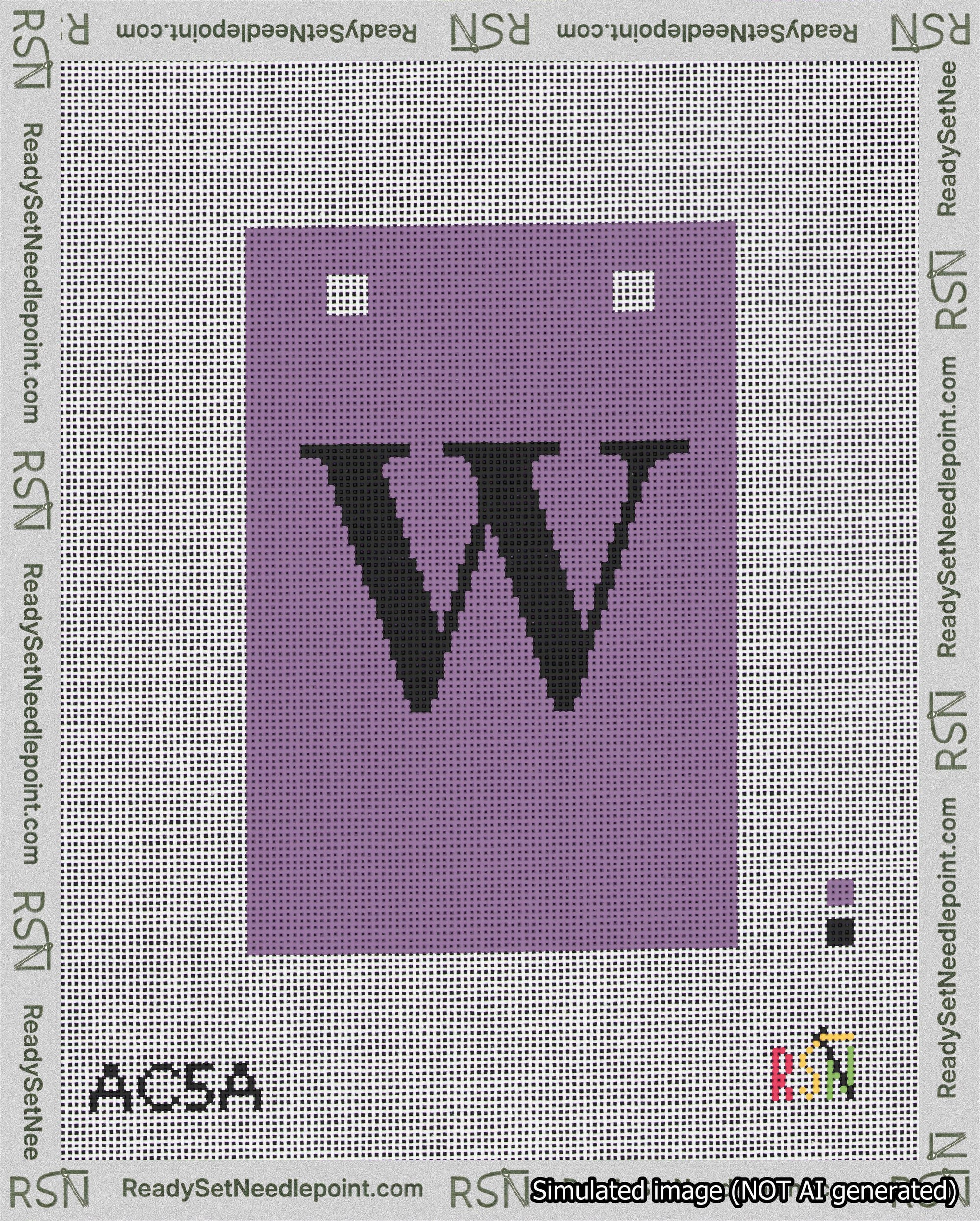 A taped needlepoint canvas with the design: Banner 18 mesh count Squared W Black on Purple.
