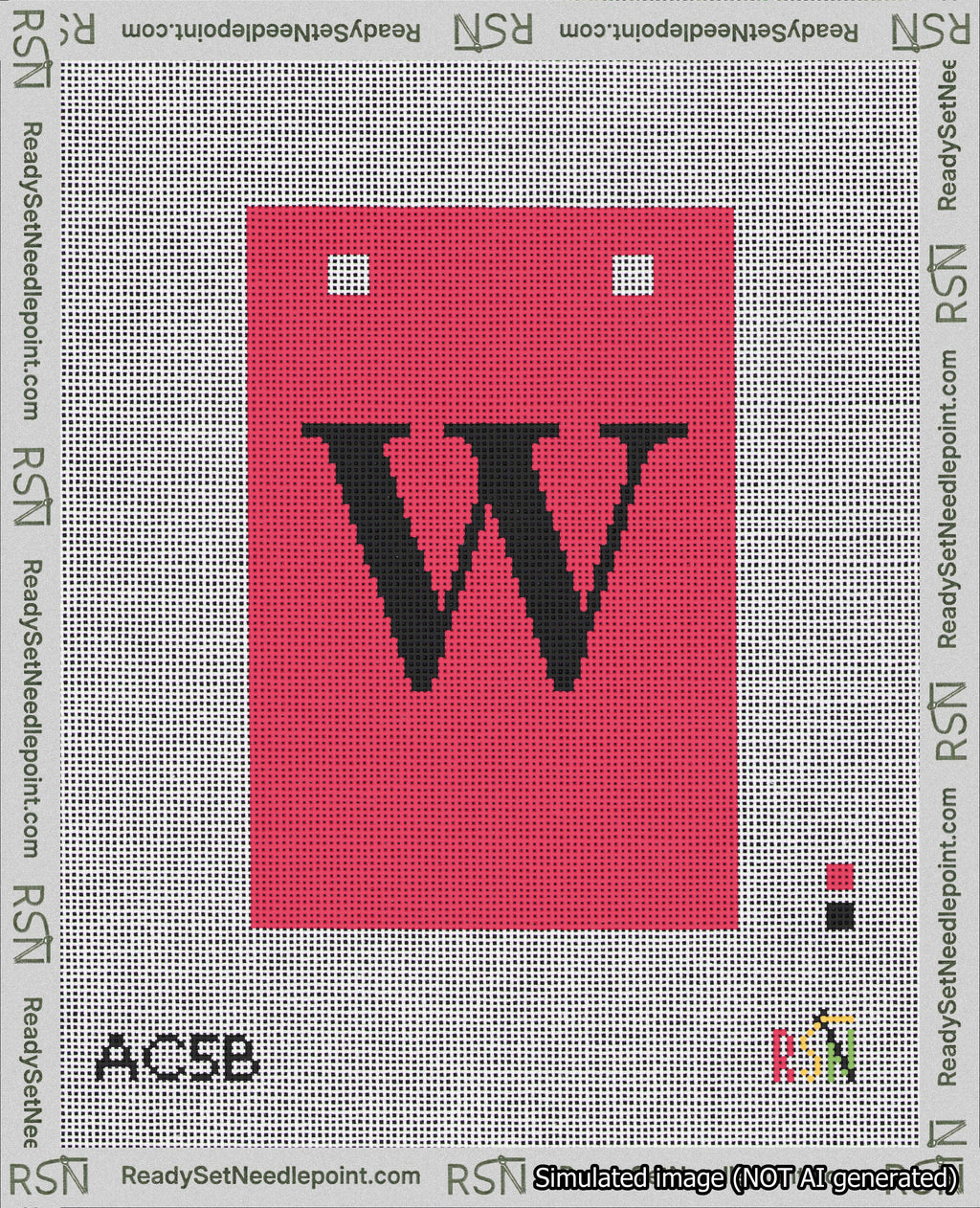 A taped needlepoint canvas with the design: Banner 18 mesh count Squared W Black on Red.