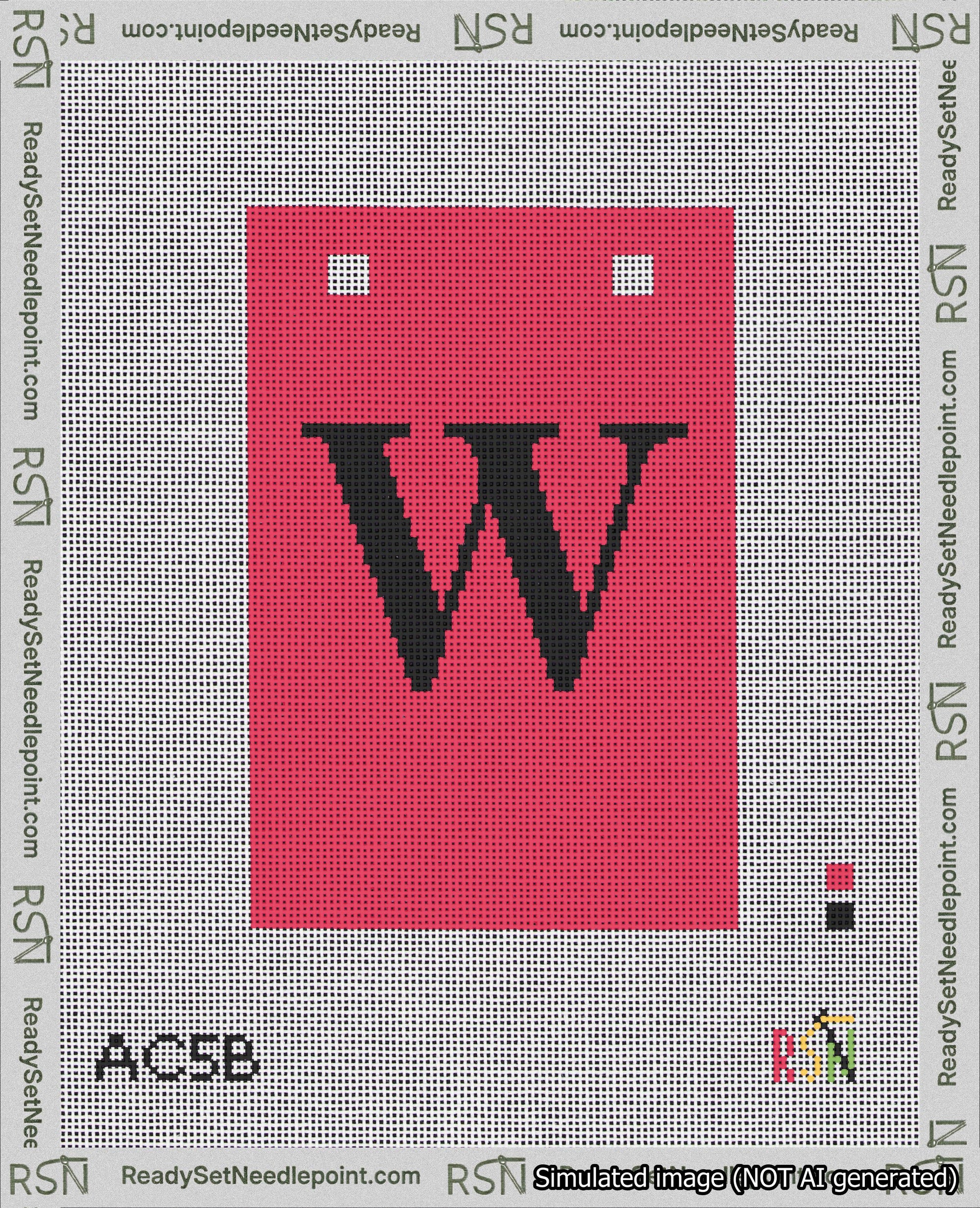 A taped needlepoint canvas with the design: Banner 18 mesh count Squared W Black on Red.