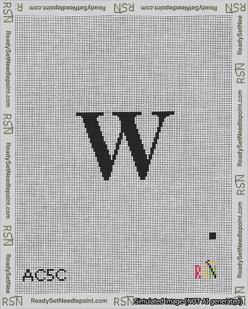 A taped needlepoint canvas with the design: Banner 18 mesh count Squared W Black on White.