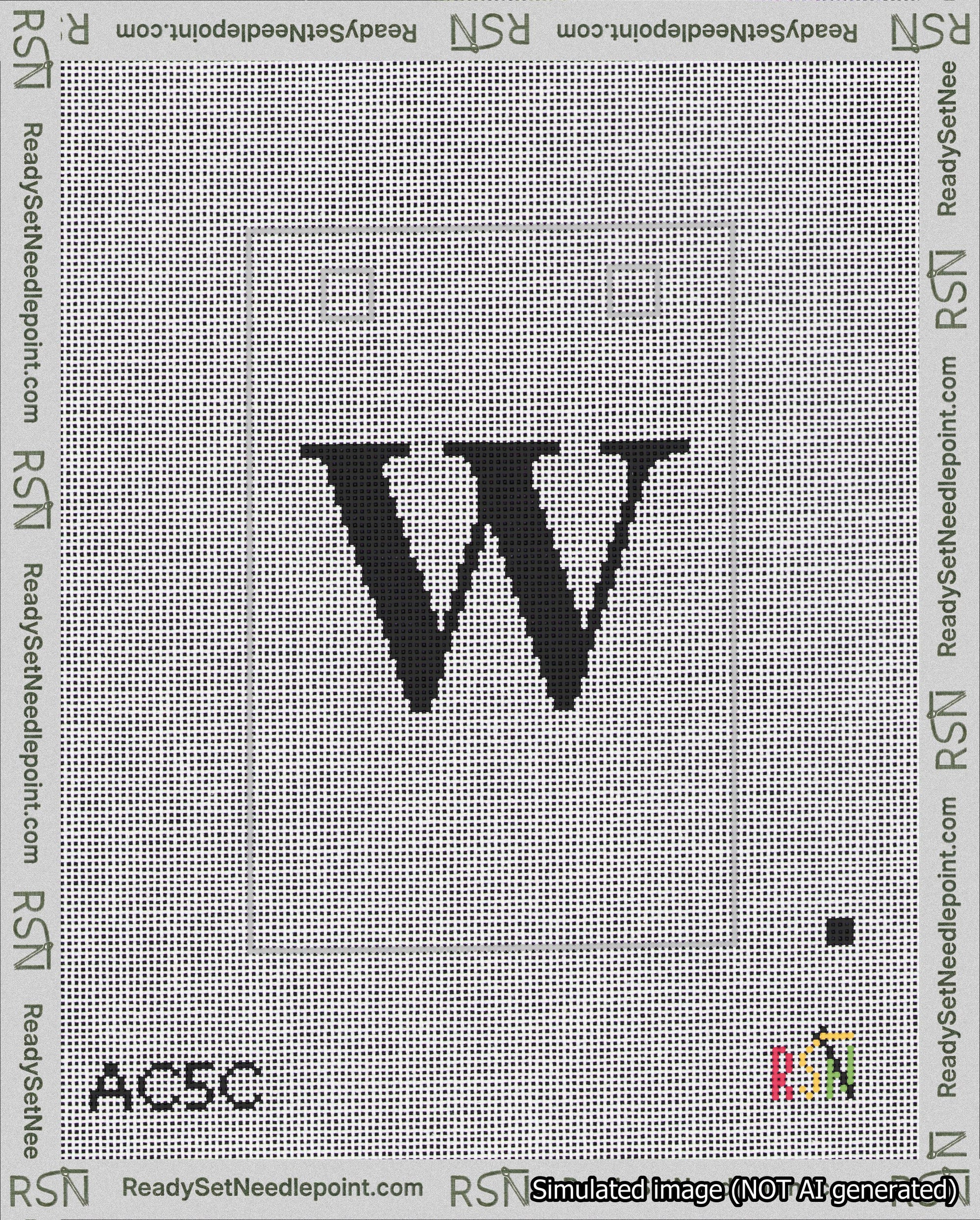 A taped needlepoint canvas with the design: Banner 18 mesh count Squared W Black on White.