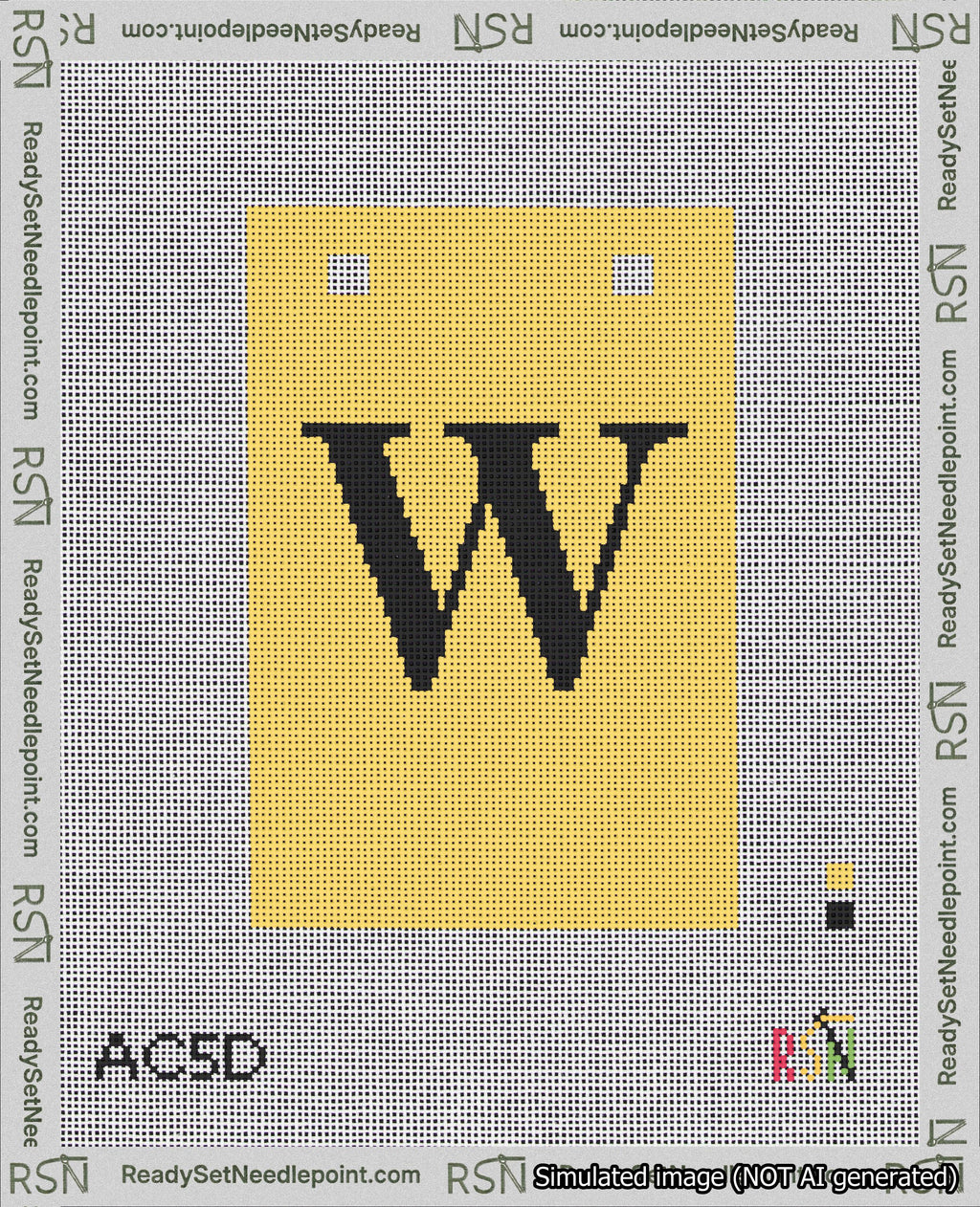 A taped needlepoint canvas with the design: Banner 18 mesh count Squared W Black on Yellow.