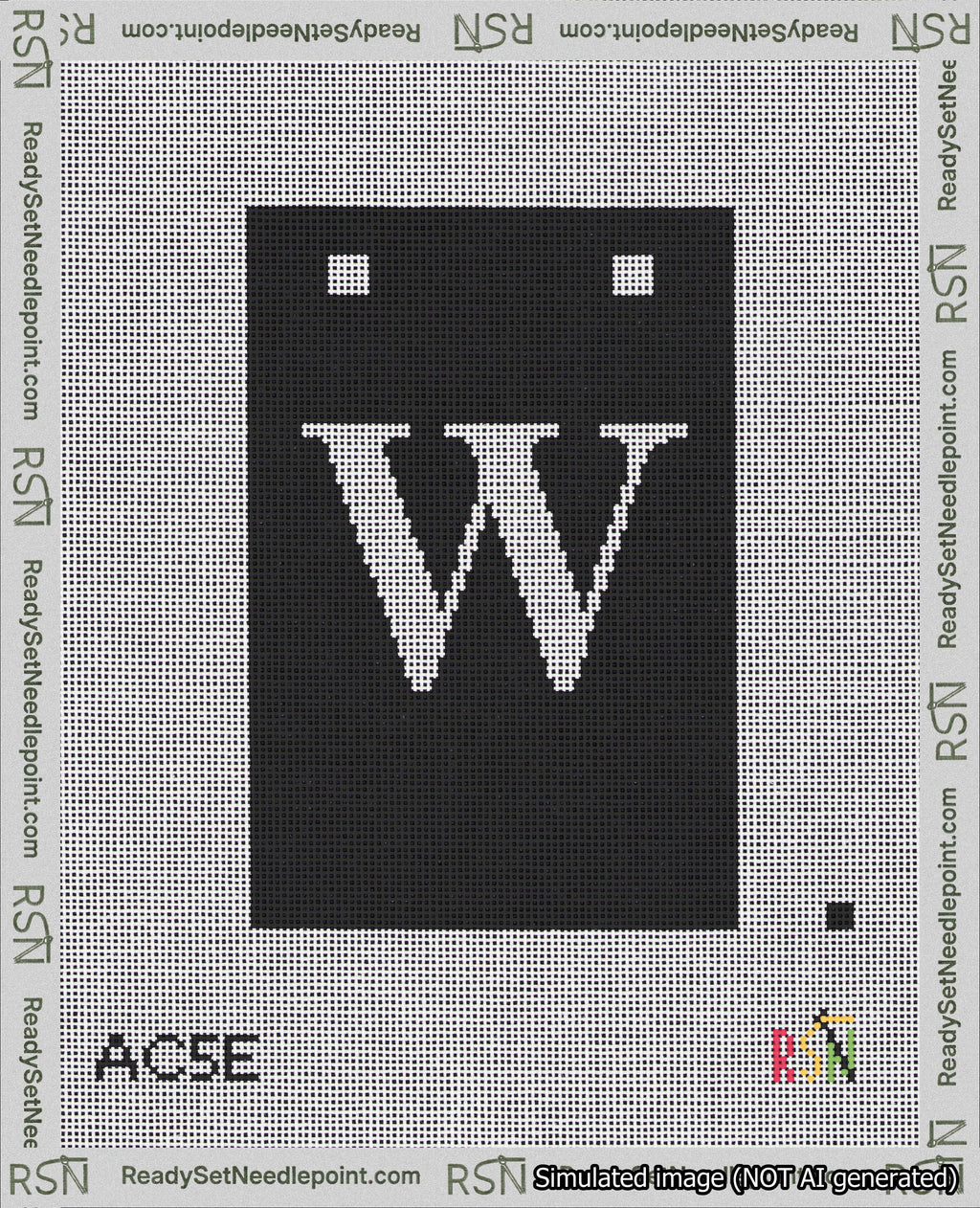 A taped needlepoint canvas with the design: Banner 18 mesh count Squared W White on Black.