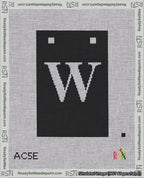 A taped needlepoint canvas with the design: Banner 18 mesh count Squared W White on Black.