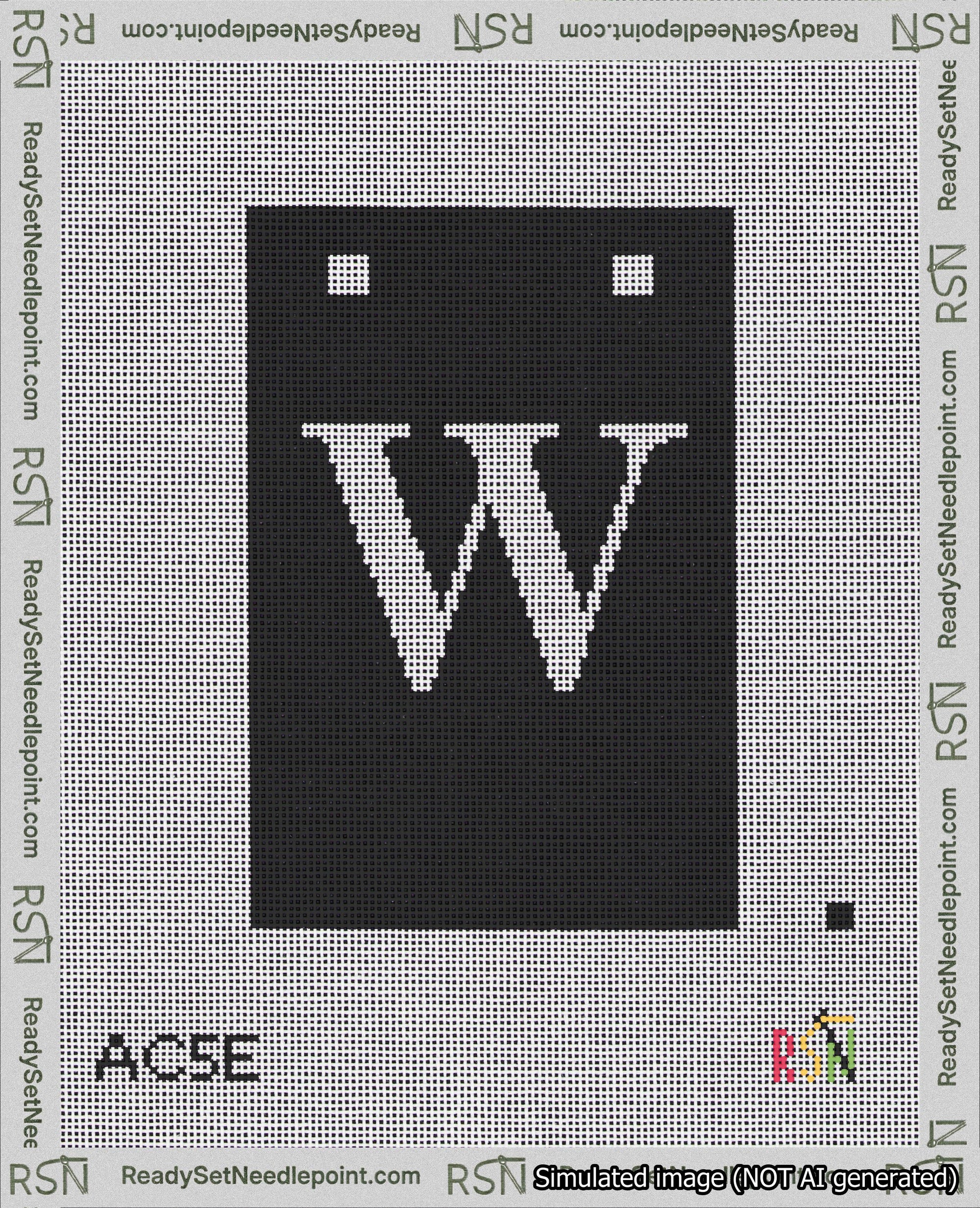 A taped needlepoint canvas with the design: Banner 18 mesh count Squared W White on Black.